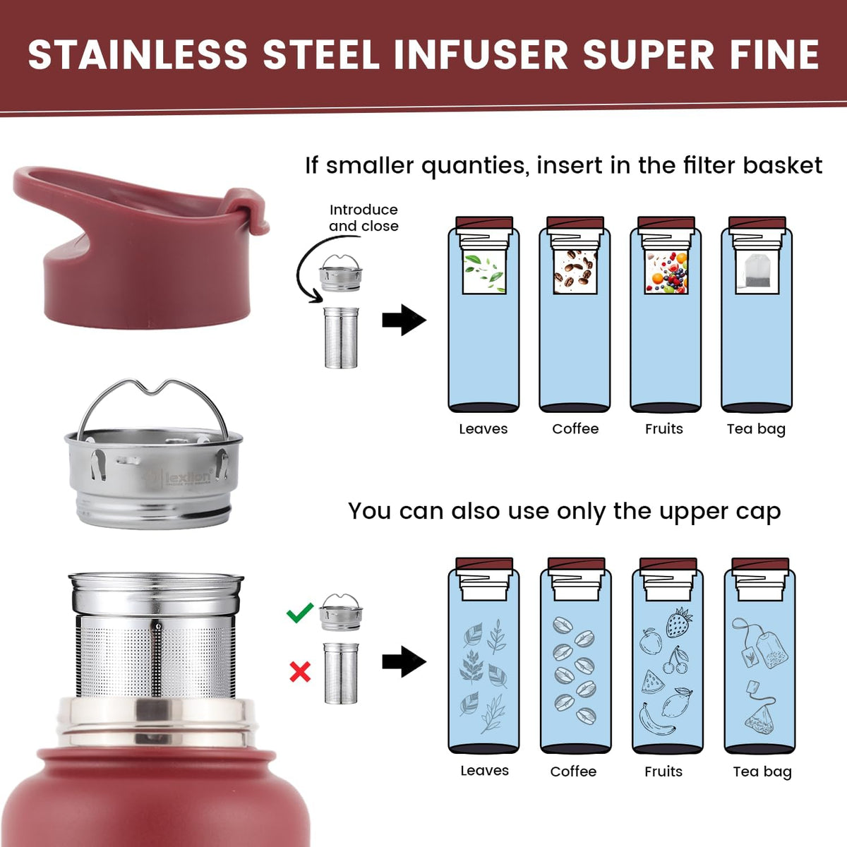Lexlion 32 Oz Triple Walled Insulated Stainless Steel Fruit Infuser Water Bottle, 100% Leakproof, 3 Lids, Infuser, Silicone Sleeve, Metal Mug Gallon