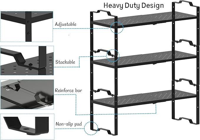 Expandable Shelf for Cabinet Organizer Adjustable Stackable Spice Rack at Kitchen and Bathroom More, Counter Countertop Cupboard Organization Pantry Storage (2 Packs/Gun-Grey, Medium)