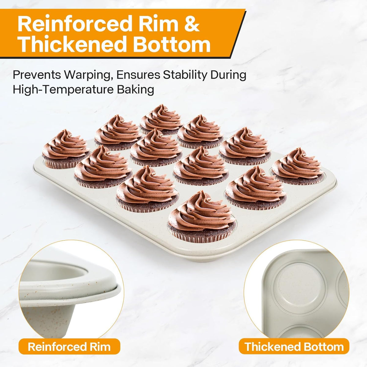 2-Pack Healthy Baking Cupcake Pan| Non Stick 12-Cup Muffin Pan | Durable & Easy Clean Muffin Tin | Perfect for Cupcakes, Muffins (Beige)