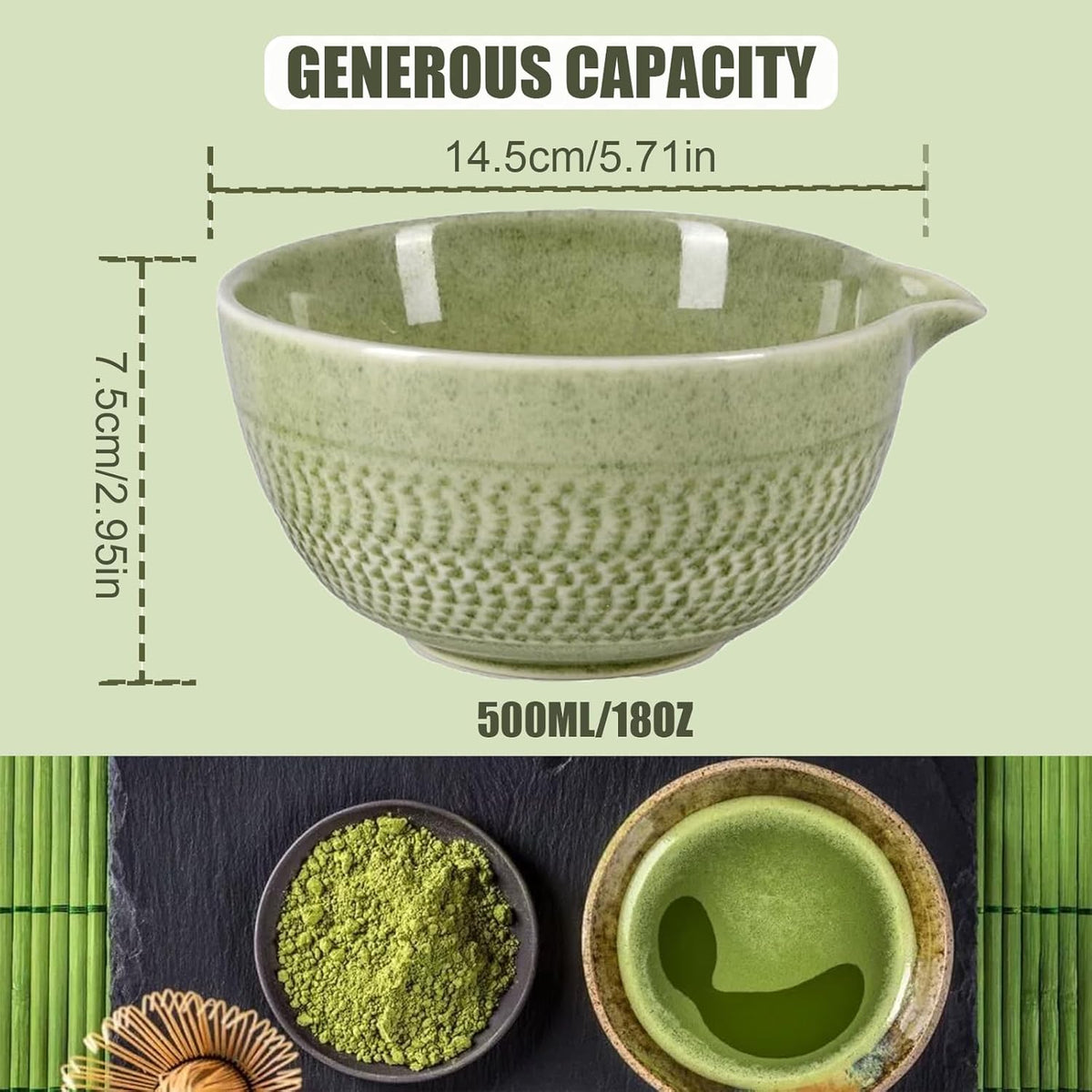 Ceramic Japanese Style Matcha Bowl Whisk Holder Temperature Resistant Braid Textured Matcha Tea Bowl Set With Spout for Trip (Light Green)