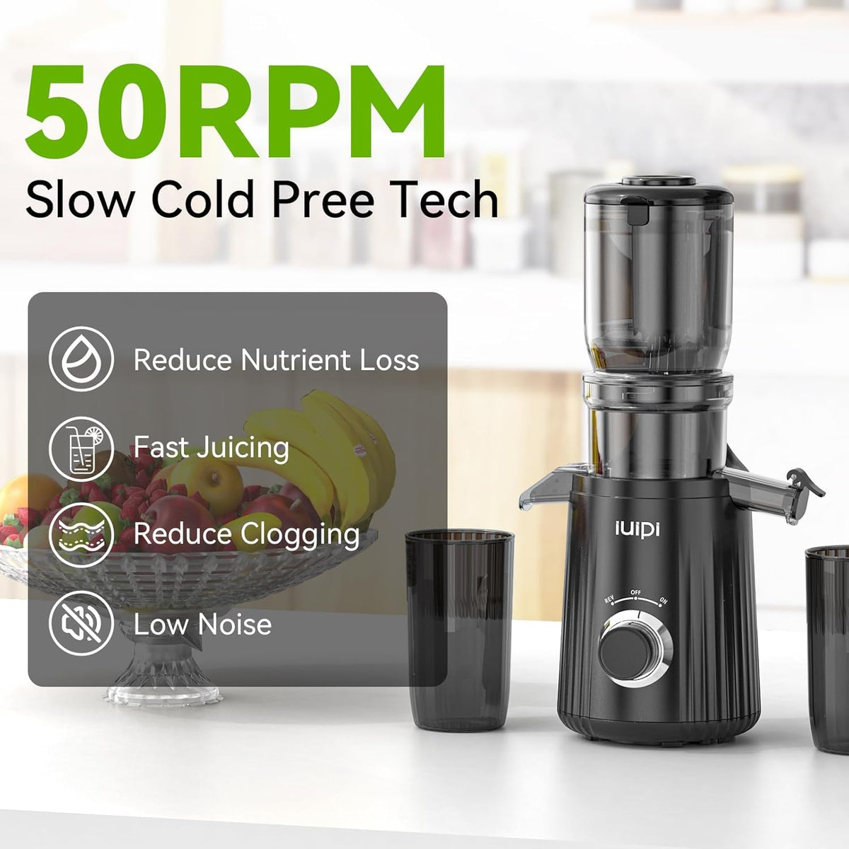 Cold Press Juicer, Slow Masticating Juicer Machines for Whole Vegetable and Fruit, 4.3" Feed Chute, BPA Free, Quiet Easy Clean Juicer to Unlock Fresh & Nutritious Juices (Black)