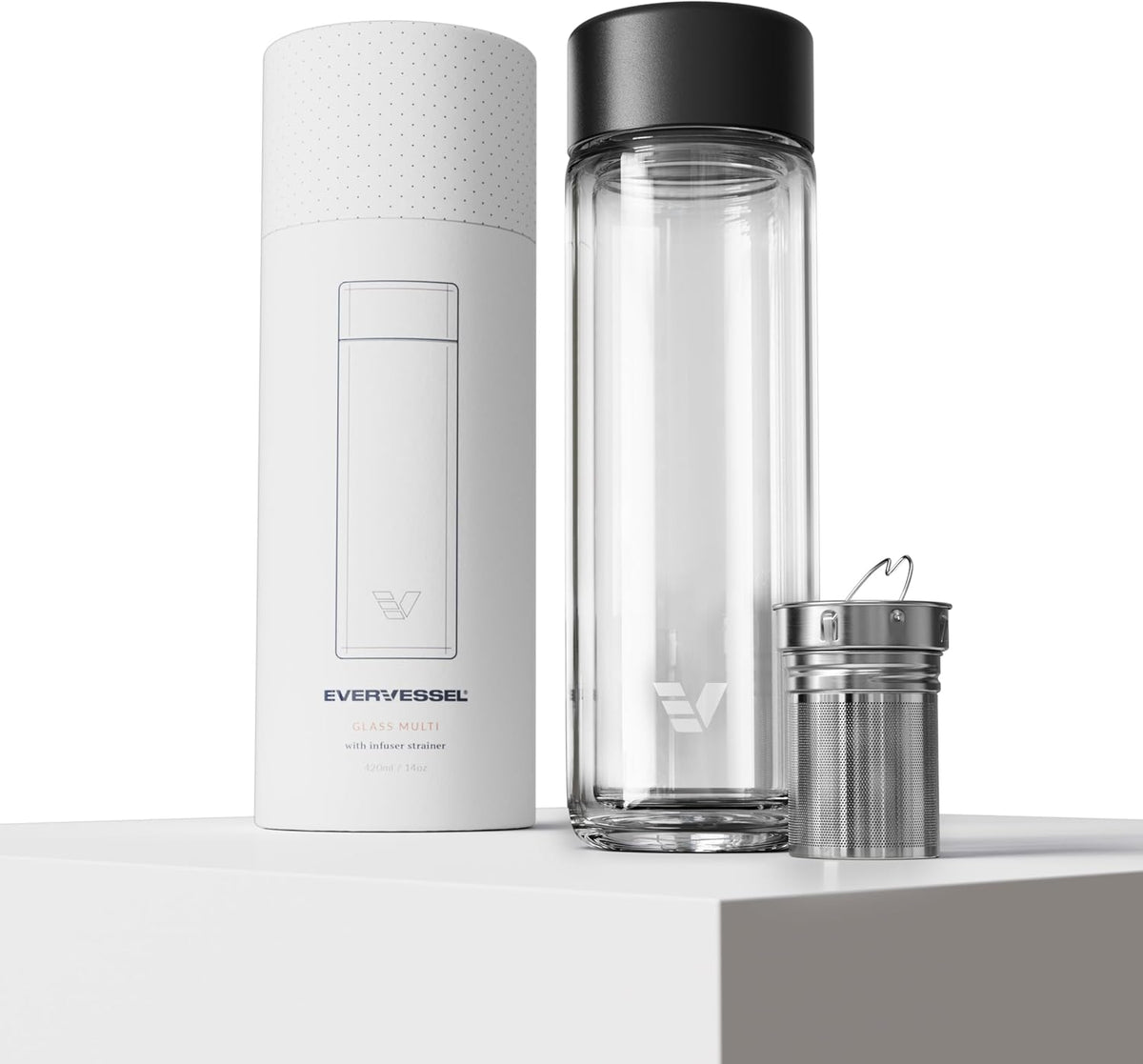 Glass Multi Tea Infuser Bottle 14oz - Double Wall Borosilicate Glass Flask | No Plastic Touches Contents | Perfect for Office or Home - Black