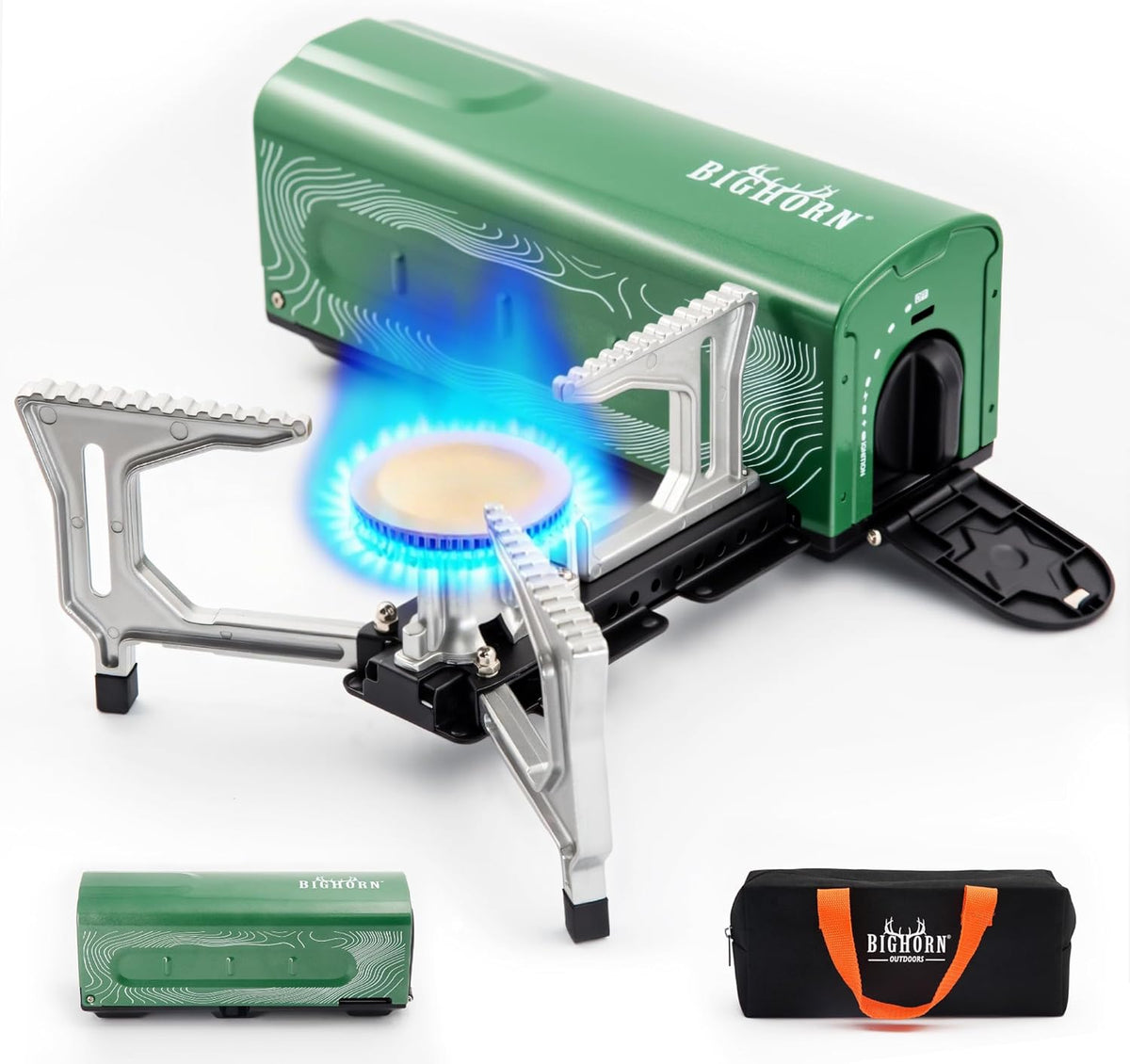 BIG HORN OUTDOORS Butane Camping Stove, Portable Folding Gas Burner with Carry Bag for Camping, Emergency Use and Outdoor Cooking