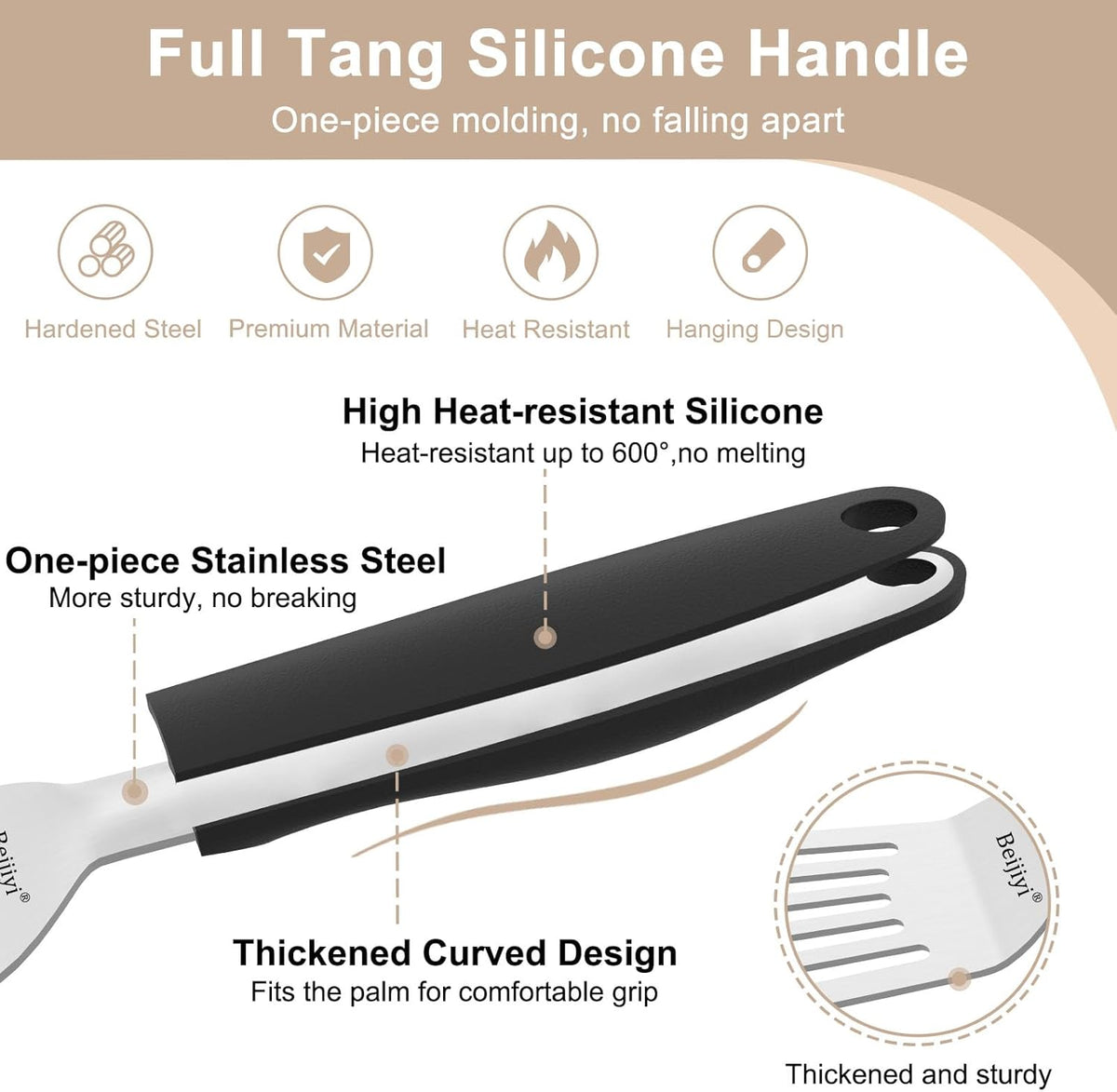 Beijiyi 11.3" Fish Spatula, Stainless Steel Slotted Spatula for Cooking Flipping Fish, Egg, Burger, Metal Kitchen Turner for Cast Iron Skillet with Silicone Handle, 1.2mm Thickened Blade