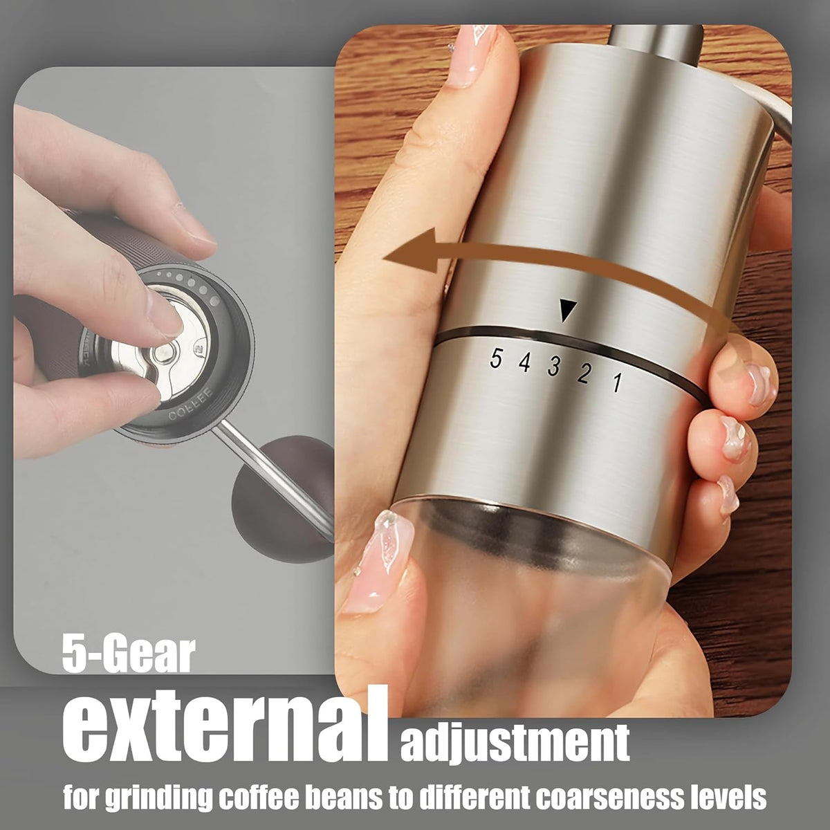 Portable Manual Coffee Grinder - Conical Burr with 5 Adjustable Settings for Smooth Grinding, Perfect for Espresso Enthusiasts at Home, Office, or Camping