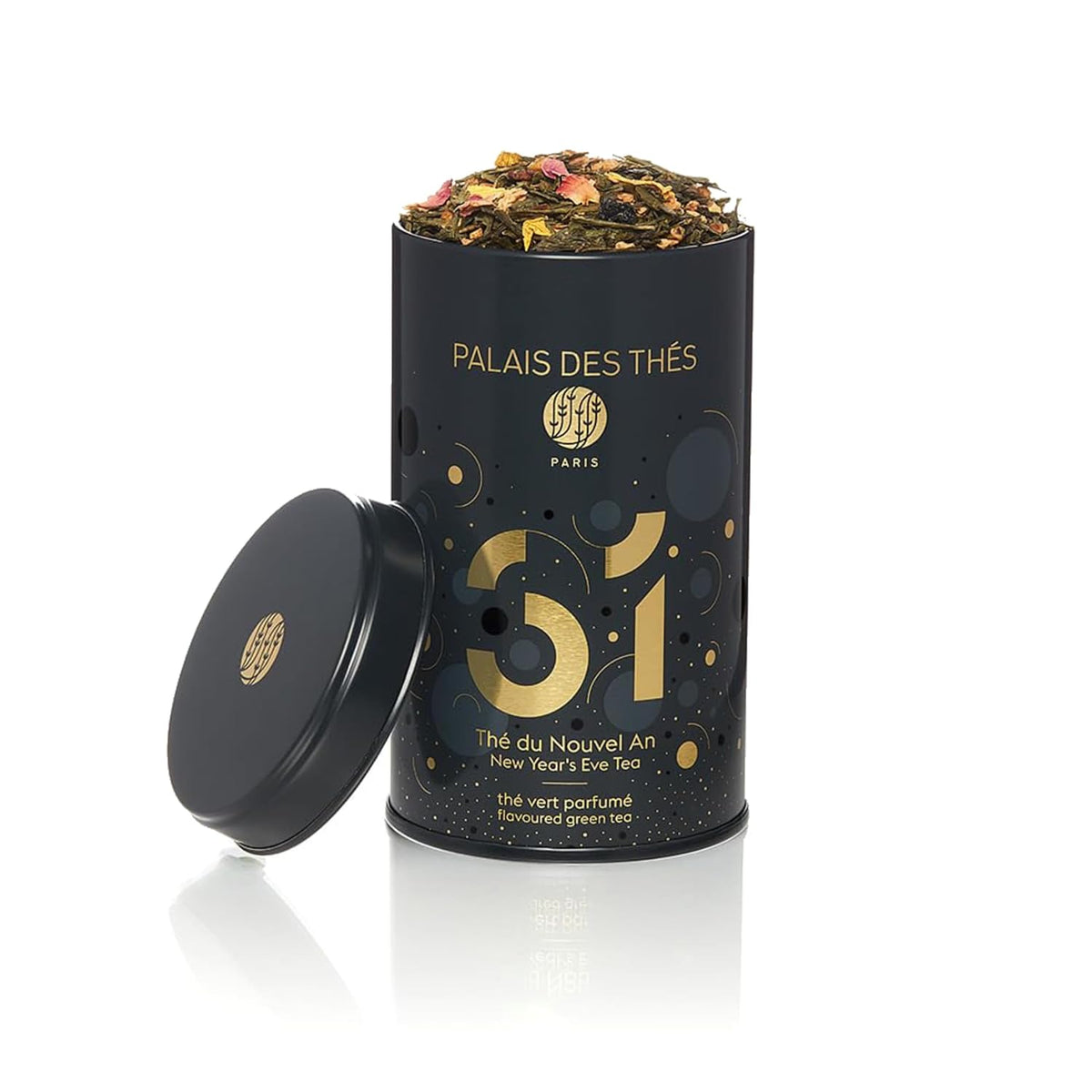 Palais des Thés - N°31 New Year's Eve Green Tea - Holiday Blend with Sweet Rose and Elderberry - 3.5oz Loose Leaf Metal Gift Tin, Serves 20-25 Cups
