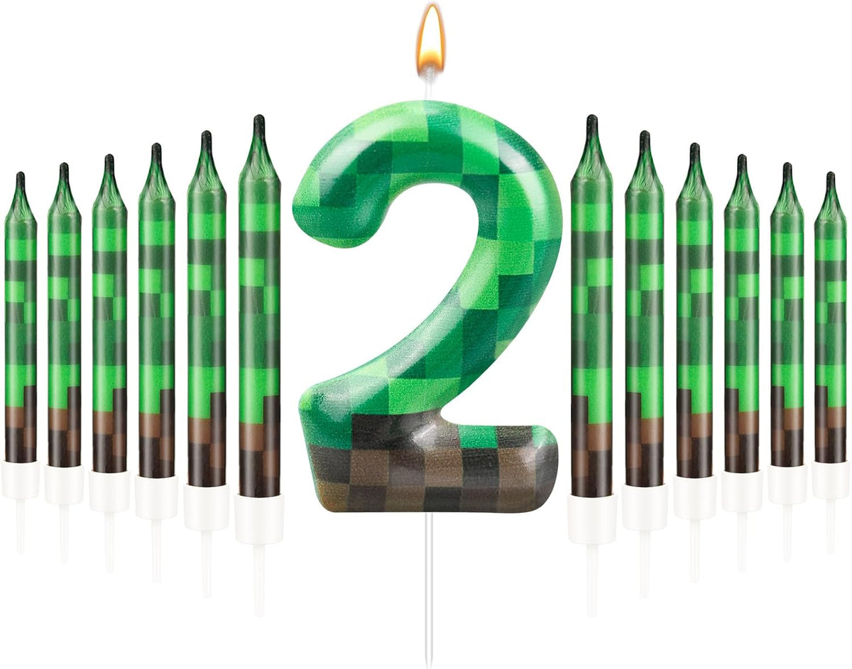 13 Pcs Dynamite Candles 12 TNT Themed Birthday Cake Candles and Number 2 Candle Cake Topper for Pixel Theme Birthday Party Anniversary Party Dynamite Theme Party Video Game Party Supplies (Number 2)