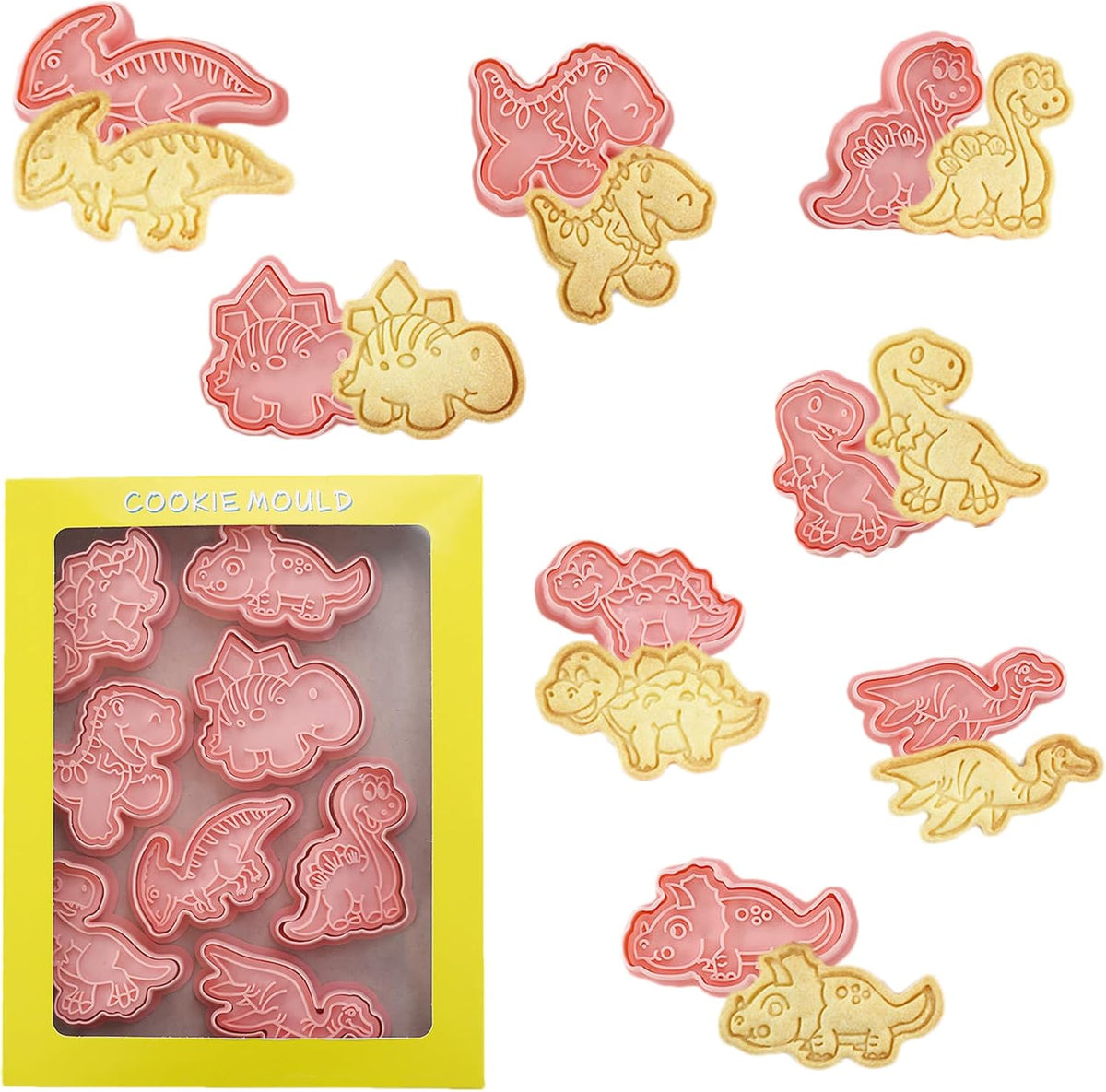 8 Pcs Dinosaur Cookie Cutters Set, 3D Dinosaur Style Baking Molds with Plunger Stampers, Cookie Cutter for Baking, Fondant, Cheese, and Pastries(K8)