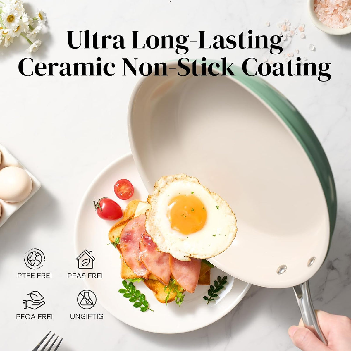 Redchef Nonstick Frying Pan Skillet, Ceramic Non-Stick Saute Pans, 11 inch Cooking Fry Pan with Stay Cool Handle, All Stovetops (Gas, Electric & Induction), Dishwasher/Oven Safe, PFAS-Free (Green)