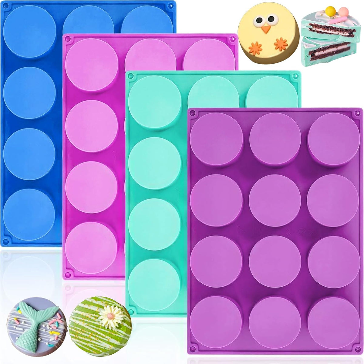 HKNMTT Silicone Round Cookie Mold, 4 PCS Candy Chocolate Moulds, 12-Cavity Cylinder Non-Stick Food Grade BPA Free Moulds for Making Handmade Soap Mini Cake Jelly Brownie Pudding Jello