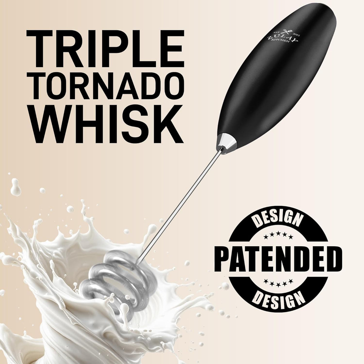 Zulay Kitchen Patented Tornado Triple Whisk Milk Frother with 4 Duracell Batteries – Handheld Foam Maker for Coffee, Lattes, Matcha & Hot Chocolate – Rich, Creamy Froth in Seconds