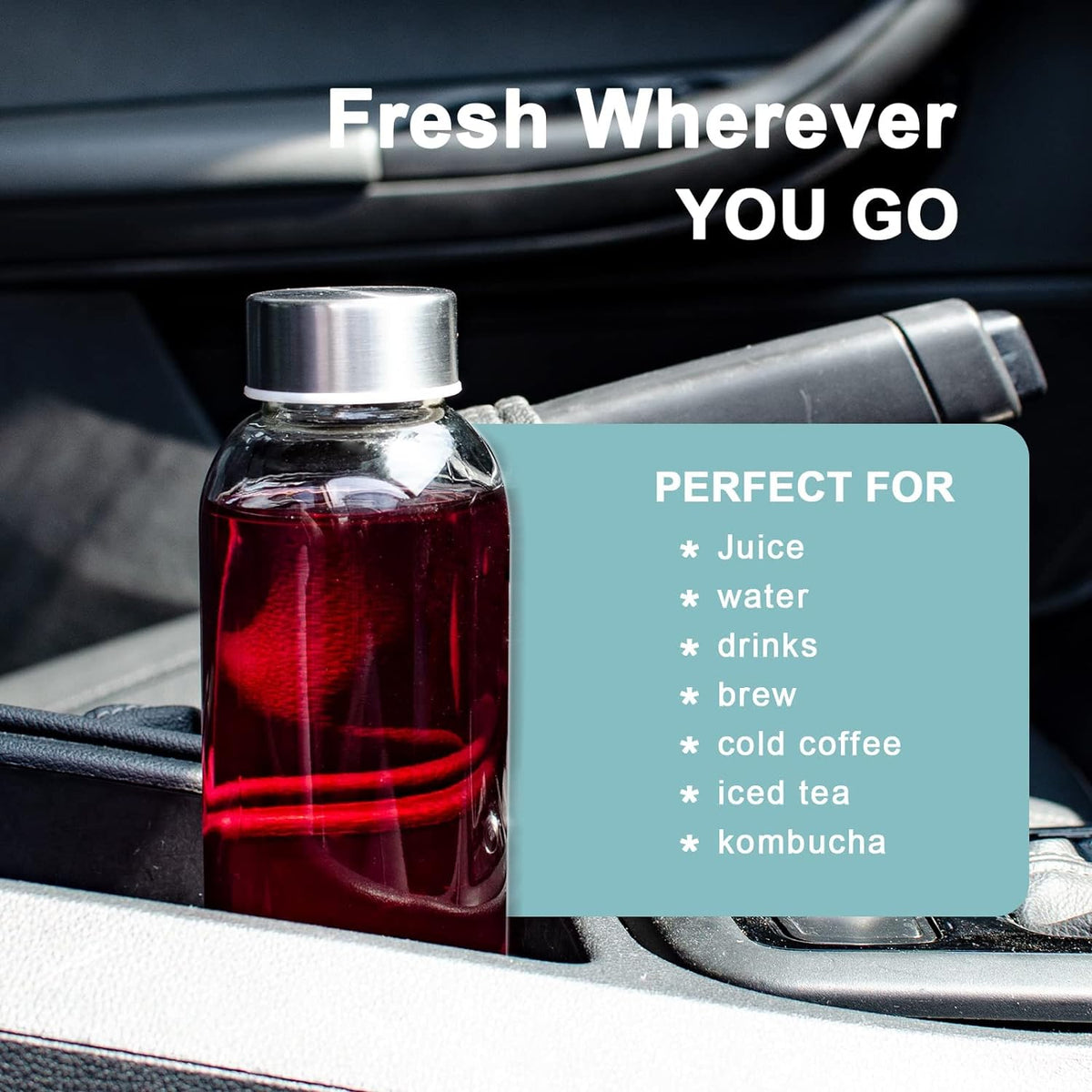18 oz Clear Glass Water Bottles with Lids, Reusable Glass Juice Bottles with Stainless Steel Cap for Juicing, Refrigerator,100% Leak Proof, BPA Free, Set of 24