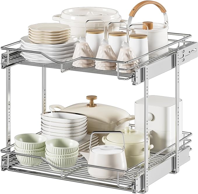 DINDON Pull Out Cabinet Organizer (22-1/2" W x 21-1/2"D), Cabinet Pull Out Shelves, 2 Tier Pull Out Drawers for Kitchen Cabinets, Wire Basket Slide Out Shelf, Pot and Pan Organizer
