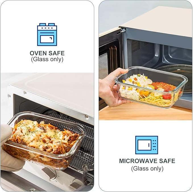 KOMUEE 10 Pack Glass Food Storage Containers, Meal Prep Containers with Lids, Airtight Glass Lunch Boxes, Freezer, Oven, and Microwave Safe, White
