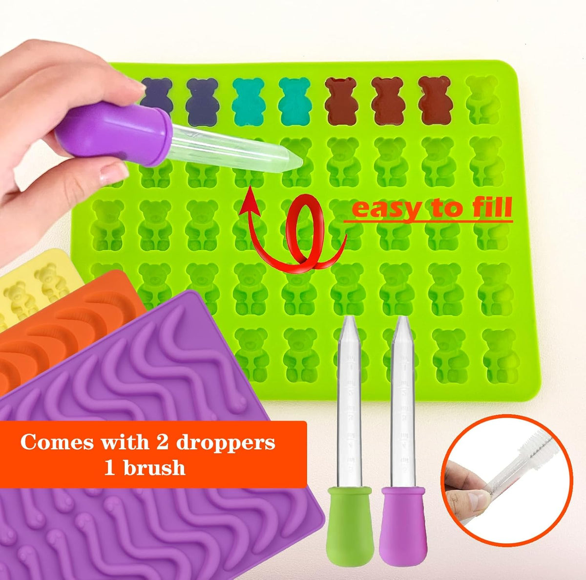 Gummy Bear and Worm Mold Silicone, No Stick Chocolate Candy Gummy Molds,Pack of 4 with 2 Droppers,SAGOOITS Large Gummy Bear Molds Candy Molds