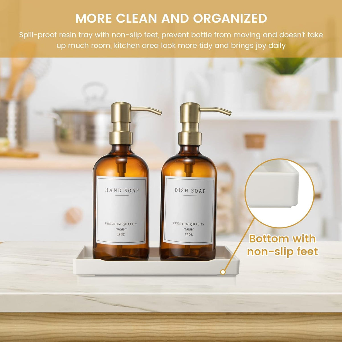 Glass Soap Dispenser for Kitchen, Farmhouse Dish & Hand Soap Dispenser Set, Rustproof Pump Bathroom Soap Lotion Dispenser with Tray, Waterproof Label for Kitchen Decor(Amber