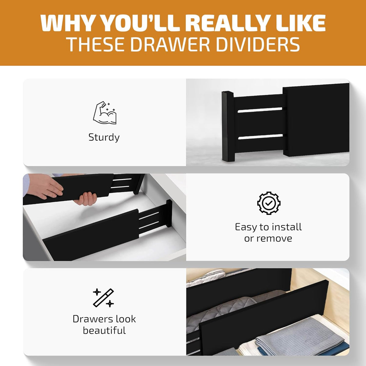 6 Pack Drawer Dividers 6 Inch High, 11”-17" Adjustable Bamboo Organizers Large Expandable Drawer Separators for Cloths, Dresser, Bedroom, Bathroom, Baby Drawer, Office & Kitchen Utensils (Black)