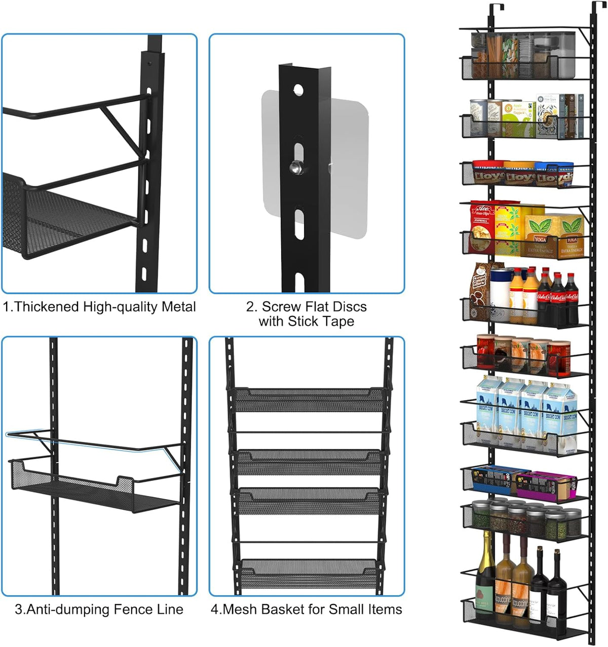 Over the Door Organizer, 10-Tier with Adjustable Bins - Kitchen Storage, Black
