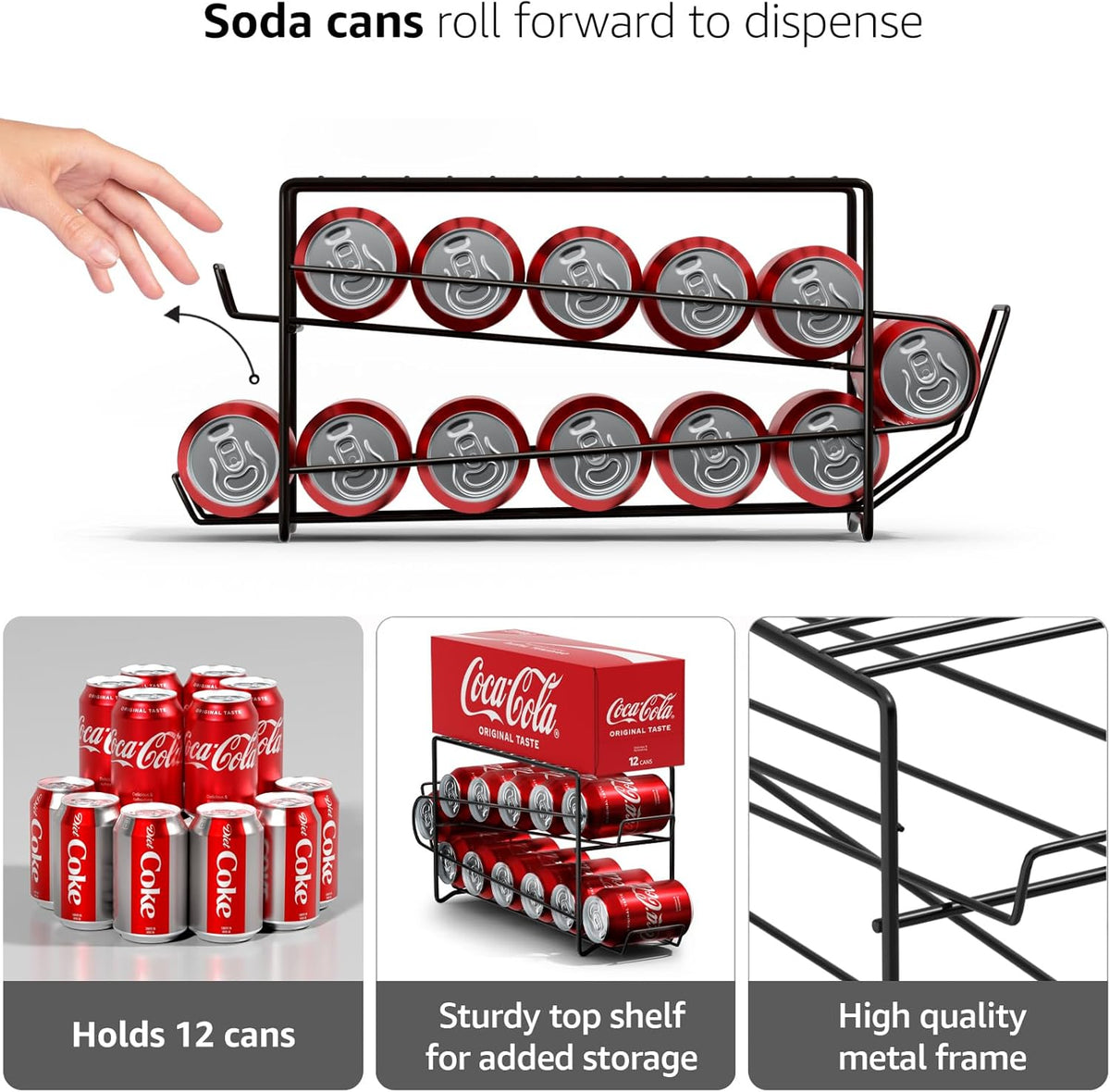 Sorbus Soda Can Rack Beverage Dispenser & Organizer for 12 Standard 12oz Cans - Refrigerator Compatible (1 Pack, Black)