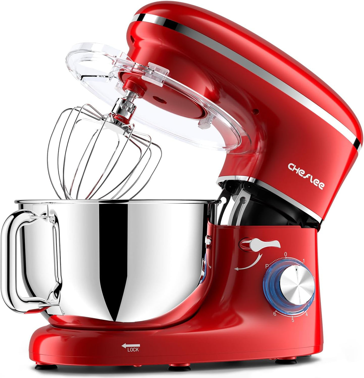 CHeflee Stand Mixer,600W 6+P With 6.5QT Stainless Steel Bowl,Dough Hook, Wire Whip & Beater,for Most Home Cooks,Red
