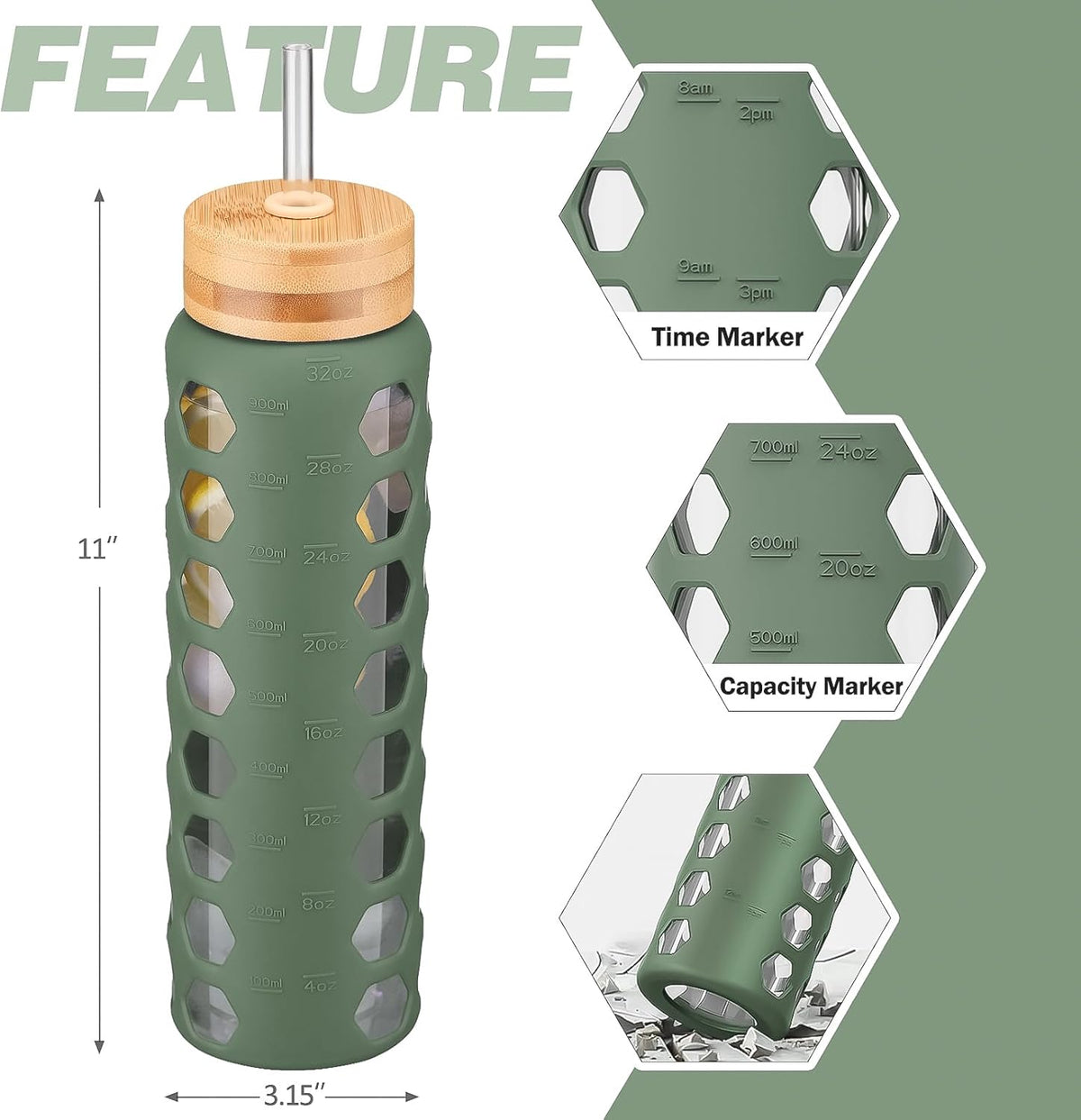 MUKOKO Glass Water Bottles, 32oz Glass Tumbler with Straw, Drinking Bottles with 2 Lids-Handle Spout Lid&Bamboo Straw Lid, Motivational Water Bottle with Time Marker and Silicone Sleeve, 1 Pack-Olive