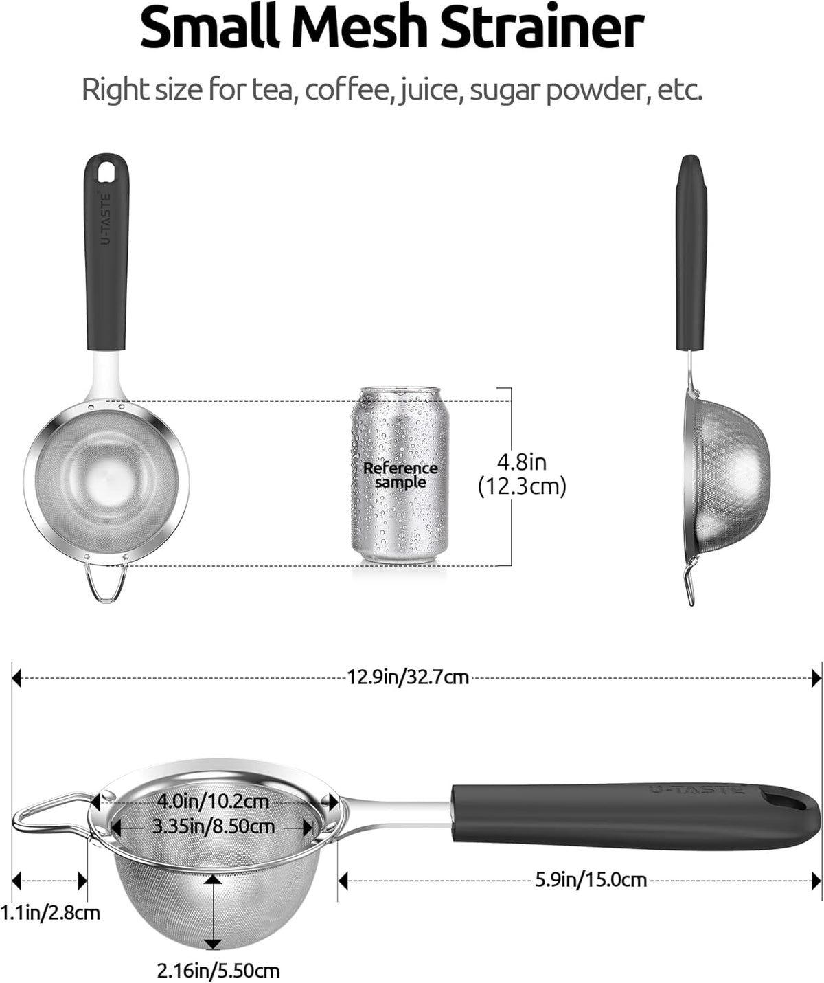 U-Taste Small Fine Mesh Strainer: 18/8 Stainless Steel 3.35in 30 Mesh Kitchen Food Sieve with Sturdy Riveted Silicone Handle, Heavy Duty Deep Handheld Metal Colander for Tea, Juice (Black)