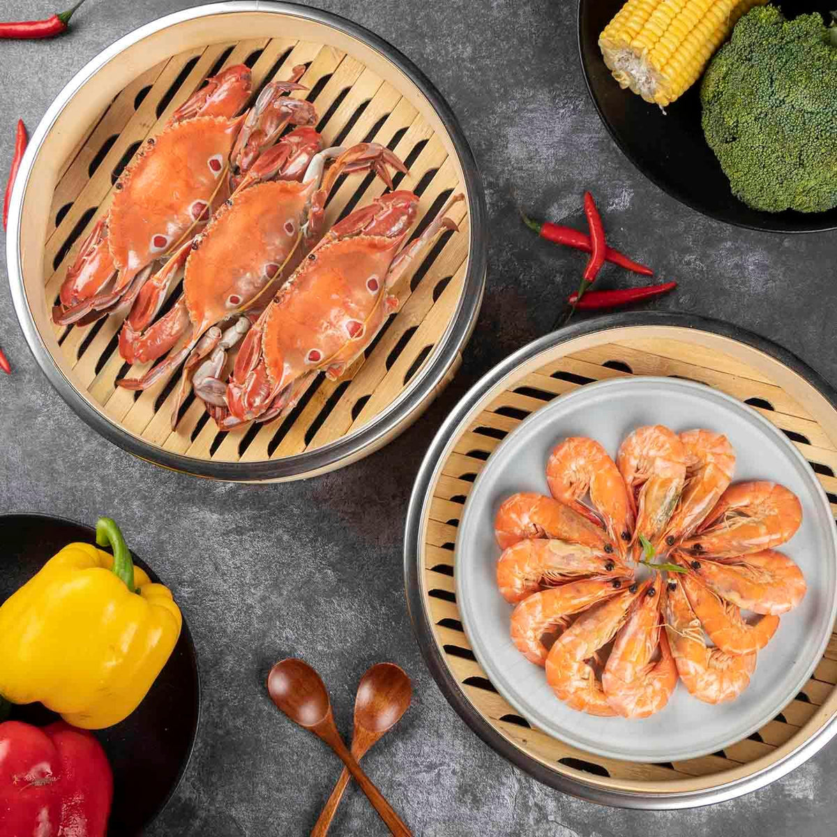 Bamboo Steamer Basket, Stainless Steel Reinforced Rim, 10-Inch 2-Tier Steamer for Cooking, 50 Liners Chopsticks Sauce Dish Dumpling Makers, Steaming Asian Food Bao Buns Dim Sum Rice Veggies Steam Pot