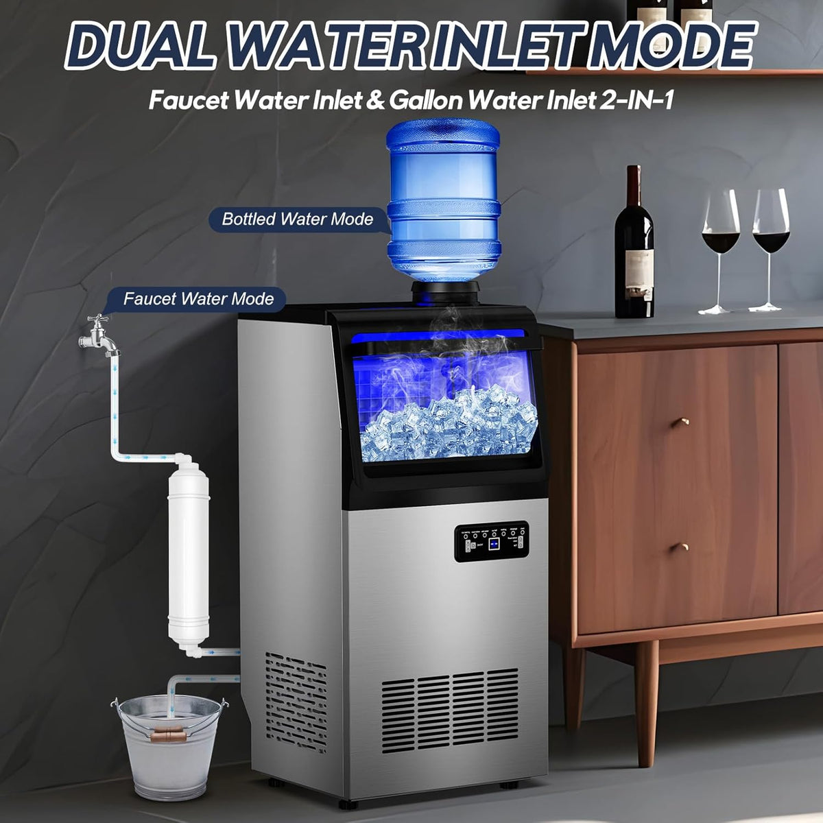 Commercial Ice Maker Machine, 110LBS/24H with 35=0LBS Storage Bin, 15" Wide Built-in Undercounter/Freestanding Ice Maker Machine for Home Bar Outdoor, 40PCS Ice Cubes Ice Machine, Self Cleaning