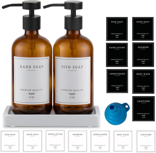 Amber Glass Soap Dispenser - Dish Hand Soap Dispenser for Kitchen, Bathroom Soap Lotion Dispenser with Pump, Refillable Liquid Soap Pump Dispenser Set with Tray, Amber Bottle/Black Pump-pd