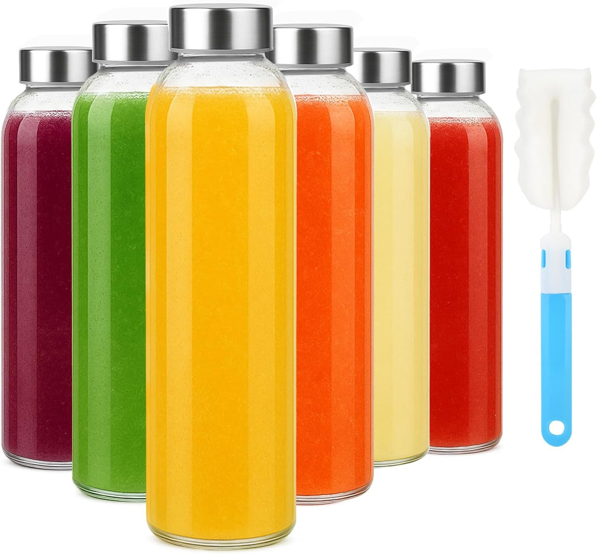 Sursip 18oz Glass Water Bottle Set of 6, Clear glass juice bottle for juicing，Reusable Drinking Bottles with Stainless Steel Lid，Beverage Storage Containers for Refrigerator-BPA Free，Leak Proof