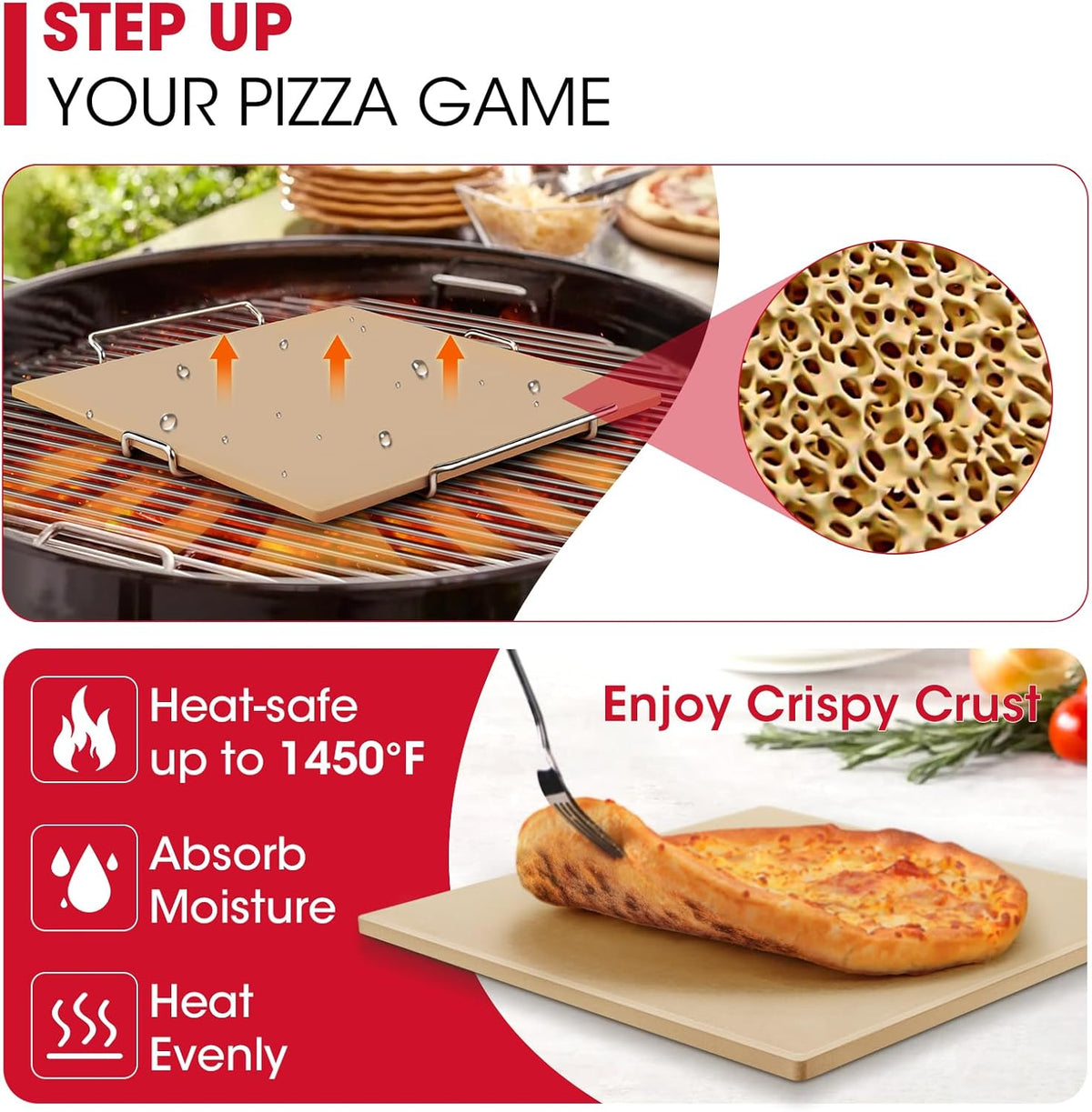 Unicook 12 Inch Square Pizza Stone for Oven and Grill, Oven Baking Stone for Bread, Cordierite Pizza Pan for Baking Crispy Bread, Pie and Cookies, Includes Carry Rack and Dough Scraper