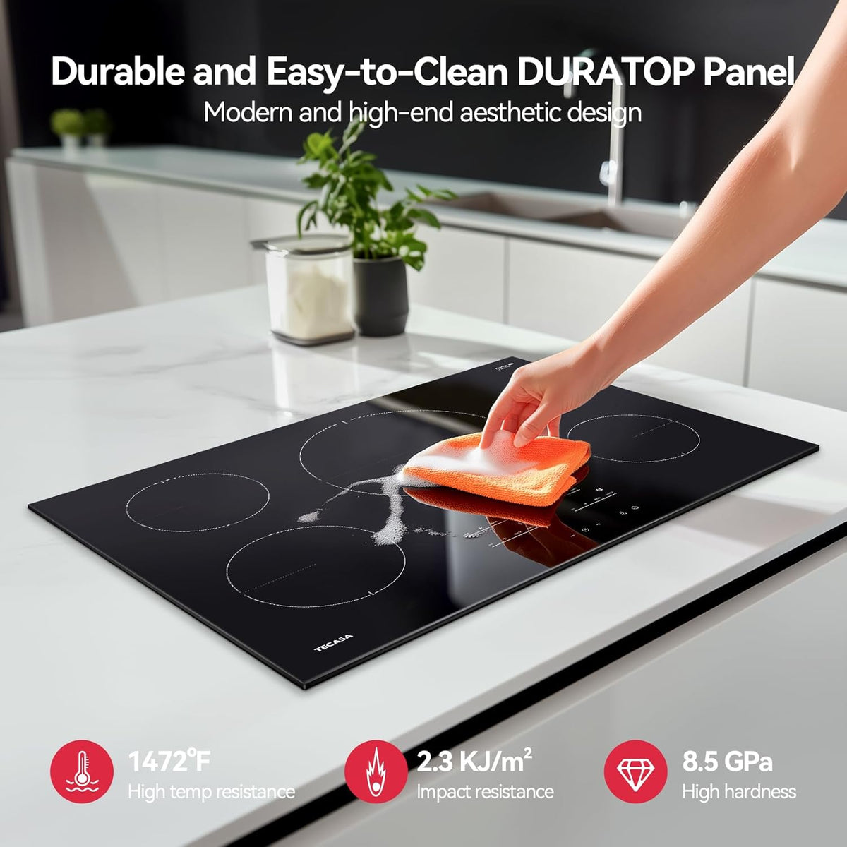 30 Inch Induction Cooktop 7400W, TECASA Built-in Induction Stovetop with 4 Boost Burner, Timer & Child Safety Lock, 9 Heating Level, Sensor Touch Control, 240V, Drop-in Electric Stove Top