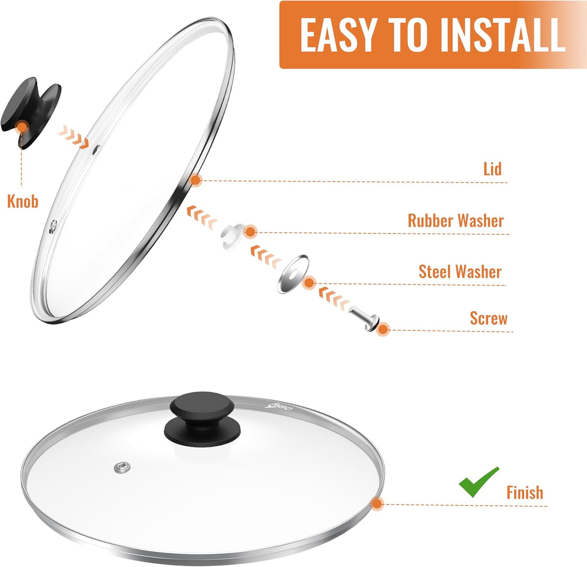 12 Inch Pan Lid For Pots Pans and Skillets, Cast Iron Skillet Lid, Large Tempered Glass Pan Lids, Replacement Pan Cover for Frying, Crock Pot Lid with Stainless Steel Rim, Cookware Pot Covers