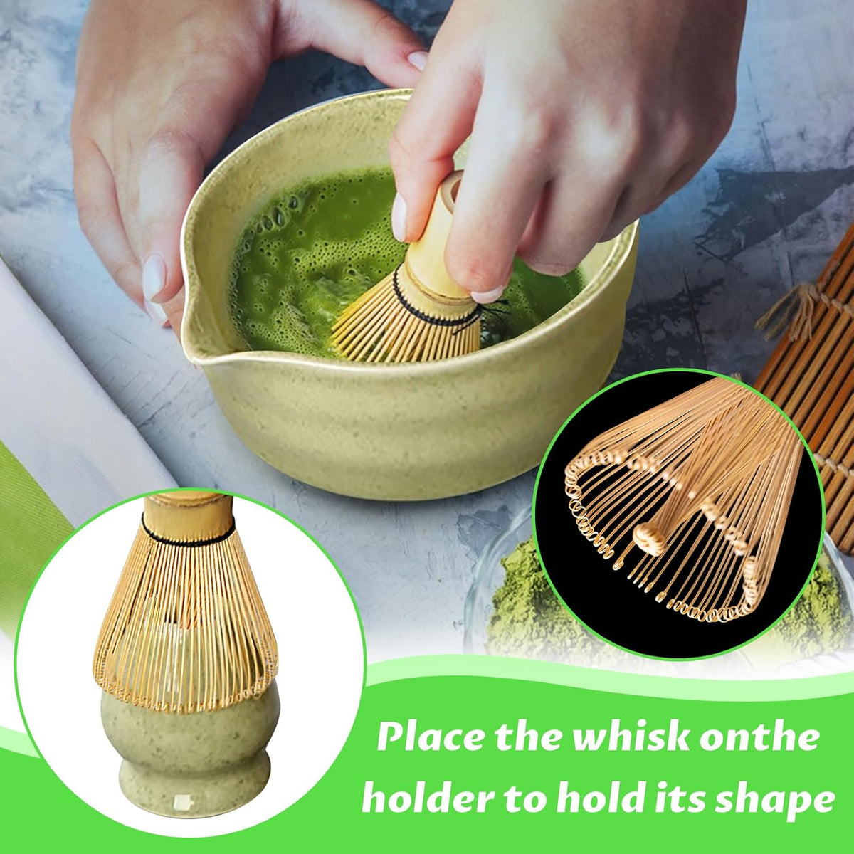 Matcha Set, 6 Pcs Matcha Whisk Set with 20 oz Bowl, Bamboo Whisk for Matcha Tea, Matcha Bowl, Ceramic Matcha whisk Holder, Stainless Sifter and Scoop - Gift for matcha kit Lovers（Green）