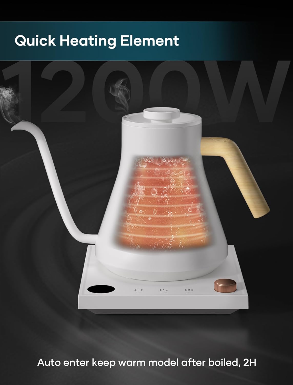 Electric Kettles, Gooseneck Electric Kettle, ±1℉ Temperature Control, Stainless Steel Inner, Quick Heating, for Pour Over Coffee, Brew Tea, Boil Hot Water, 0.9L White