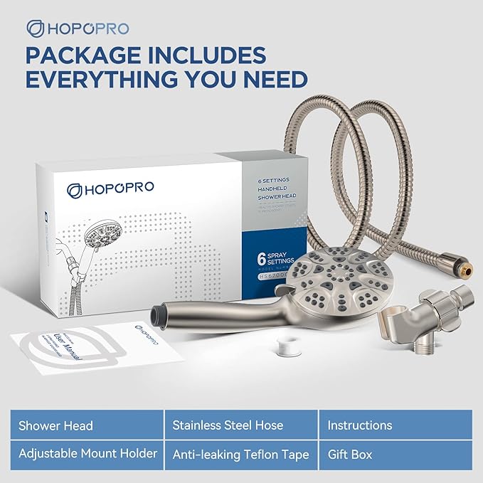 6-Mode High Pressure Handheld Shower Head Set, Consumer Reports Recommended HOPOPRO High Flow Hand Held Showerhead with 59 Inch Hose Bracket Teflon Tape Rubber Washers