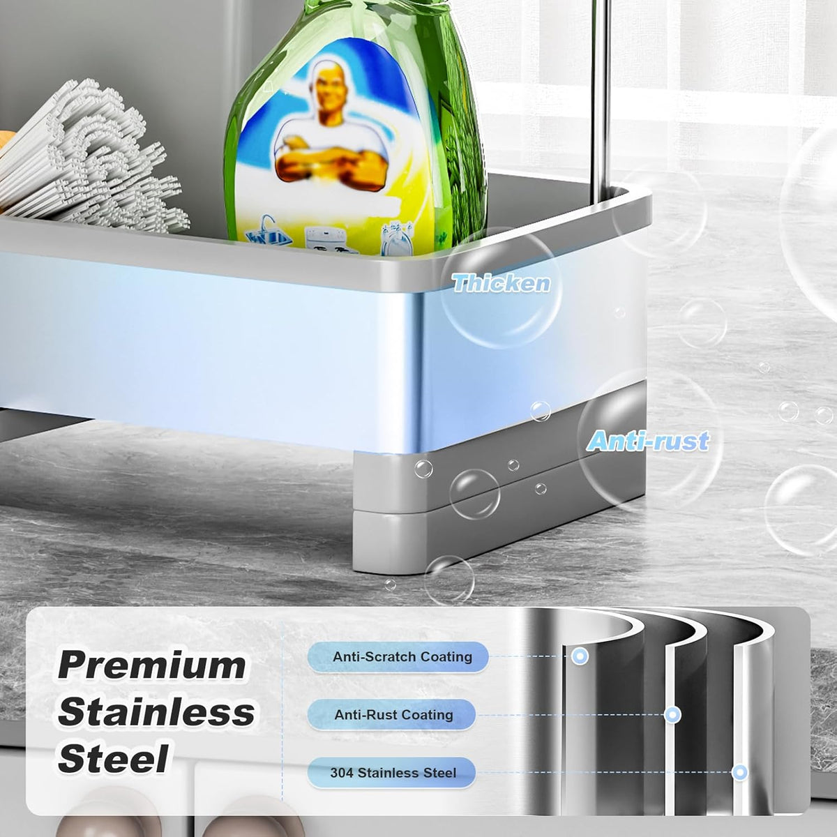 Stainless Steel Sink Caddy, Sponge Holder for Kitchen Sink with Brush Holder & Dishcloth Rack, Rustproof Sink Organizer Countertop, Kitchen Organizers Storage Essentials (F-Gray)