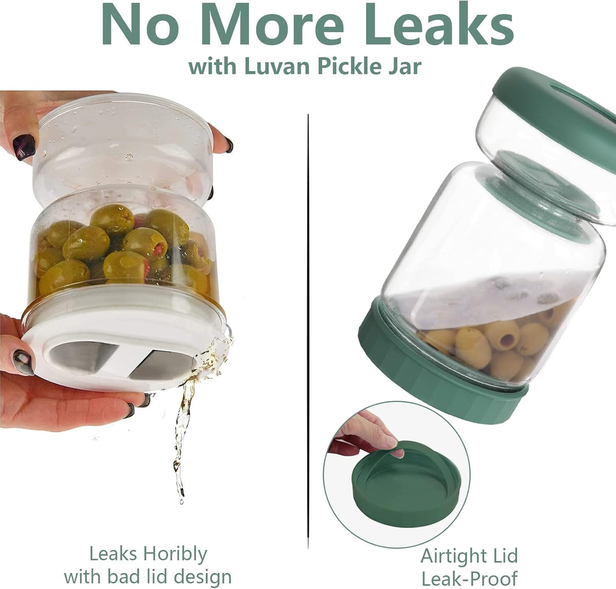 Luvan Glass Pickle Jar, 34oz Pickle Container with Strainer, LeakProof Kraut and Olive Hourglass Jug, Olive Jar with Airtight Lid, Multifunction Jalapeno Container, Gherkin Flip Jar for Fridge