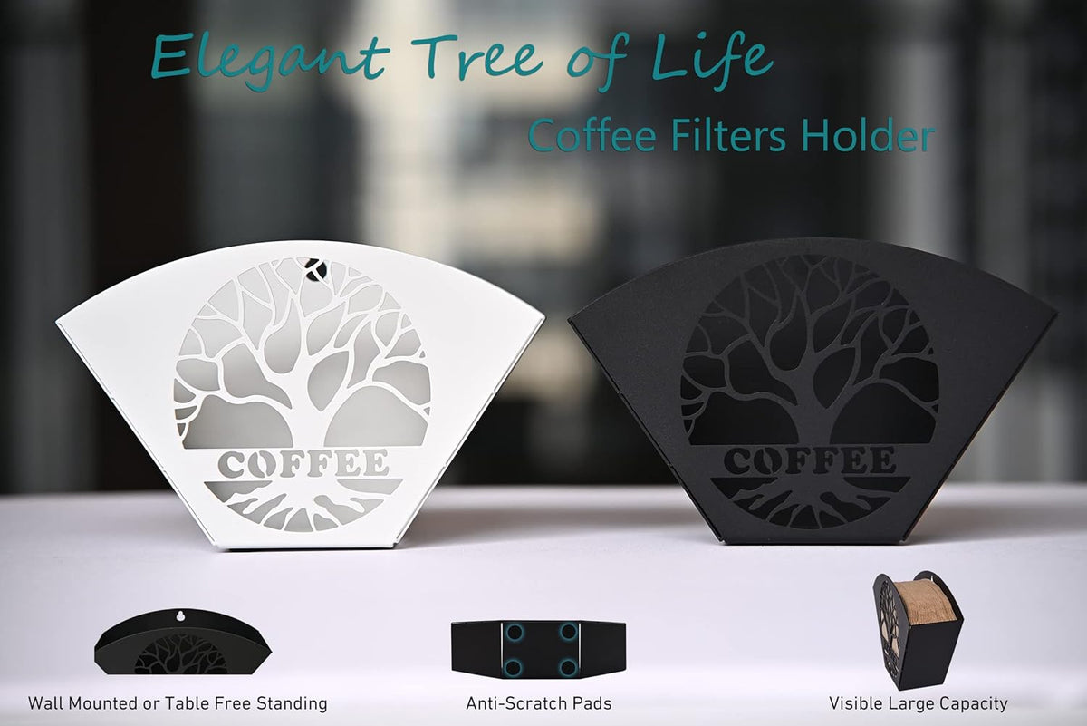 Stylish Coffee Filter Holder with Iron Fan Shape Evenly Spread out Filters, Coffee Filter Rack with Tree of Life Decor Upgrade Your Coffee Enjoyment, Perfect for Home or Office Use (Black)