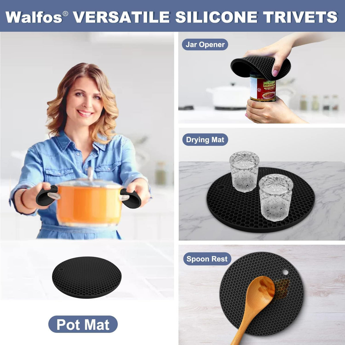 Walfos Silicone Trivet Mats - 4 Heat Resistant Pot Holders, Multipurpose Non-Slip Hot Pads for Kitchen Potholders, Hot Dishers, Jar Opener, Spoon Holder, Food Grade Silicone & BPA Free (Green)