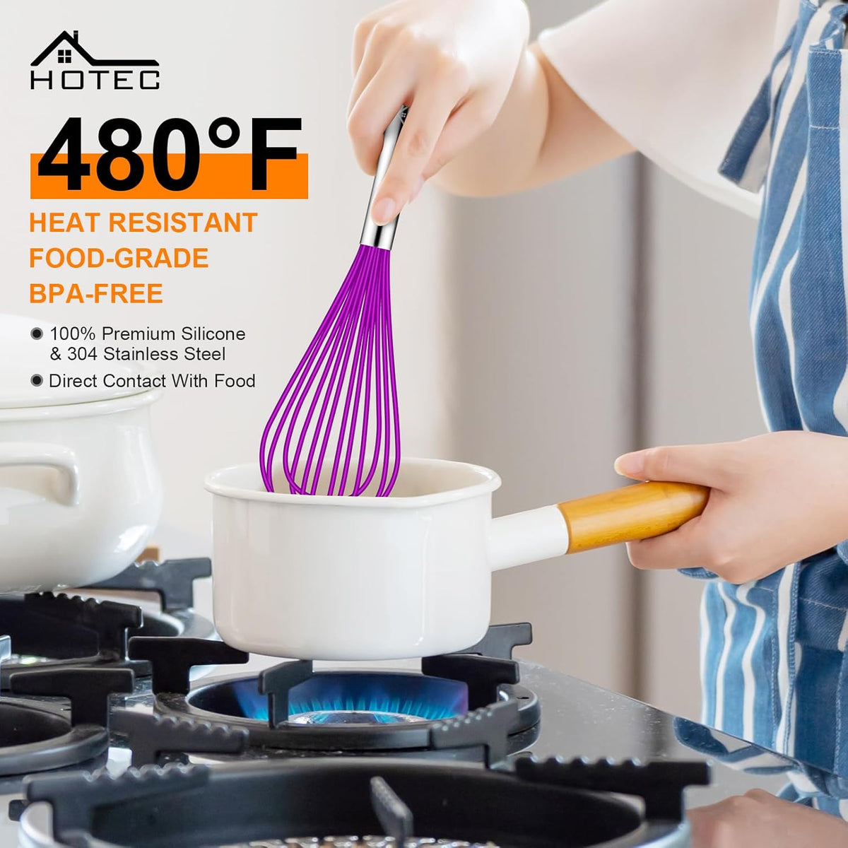 HOTEC 4 Pieces Silicone Whisks Set, Wire Balloon Whisks Egg Beater, Non-slip Handle Whisk for Non-stick Cookware Perfect for Cooking, Stirring, Beating and Blending (Purple)