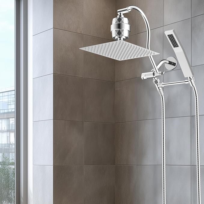 Hibbent All Metal 12'' Filtered Rainfall Shower Head Combo, High Pressure Handheld Shower Wand, 12'' Adjustable Curved Extension Arm, 20 Stage Shower Filter, 71'' Hose, Shower Head Holders, Chrome