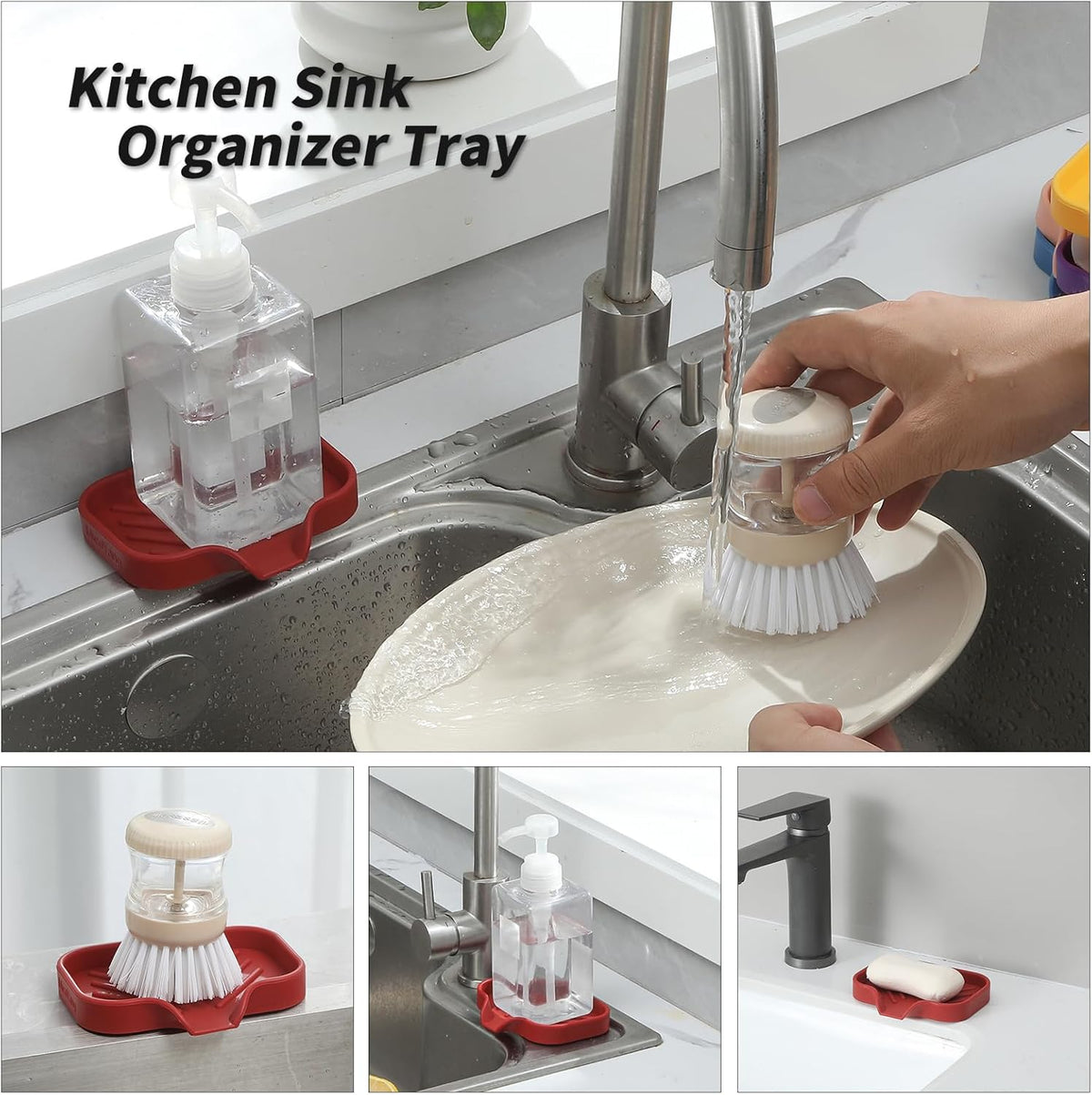 Silicone Bathroom Soap Dishes with Drain Spout-Bathroom and Kitchen Sink Organizer,Sponge Holder,Dish Soap Tray,Perfect for Dispenser,Scrubber,Bottle,Cup on Sink or Counter-Red 4.9"×3.2"