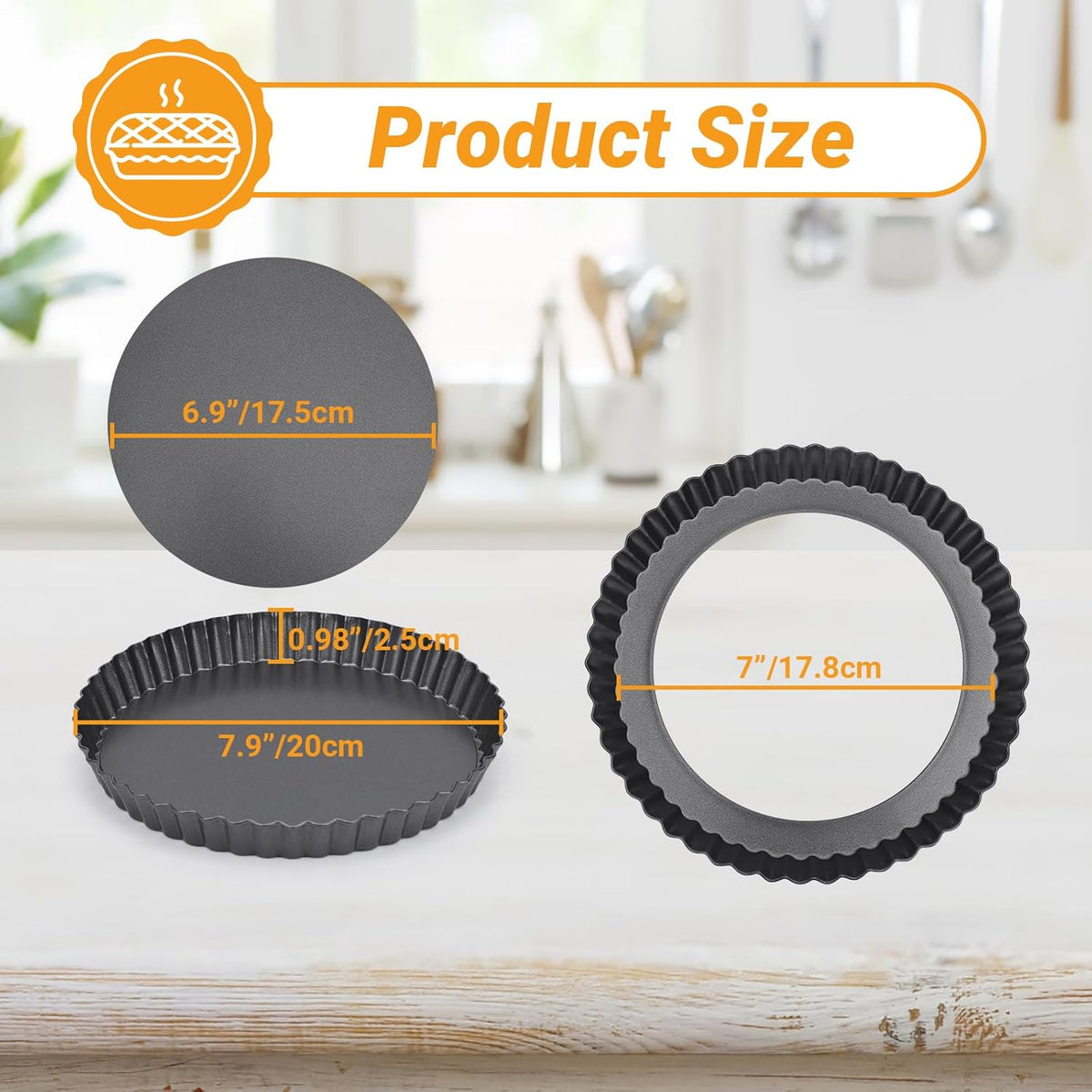 Beasea Mini Tart Pans for Baking, 2pcs 8 Inch Tart Pan with Removable Bottom Small Non Stick Carbon Steel Quiche Pie Pans for Oven Baking