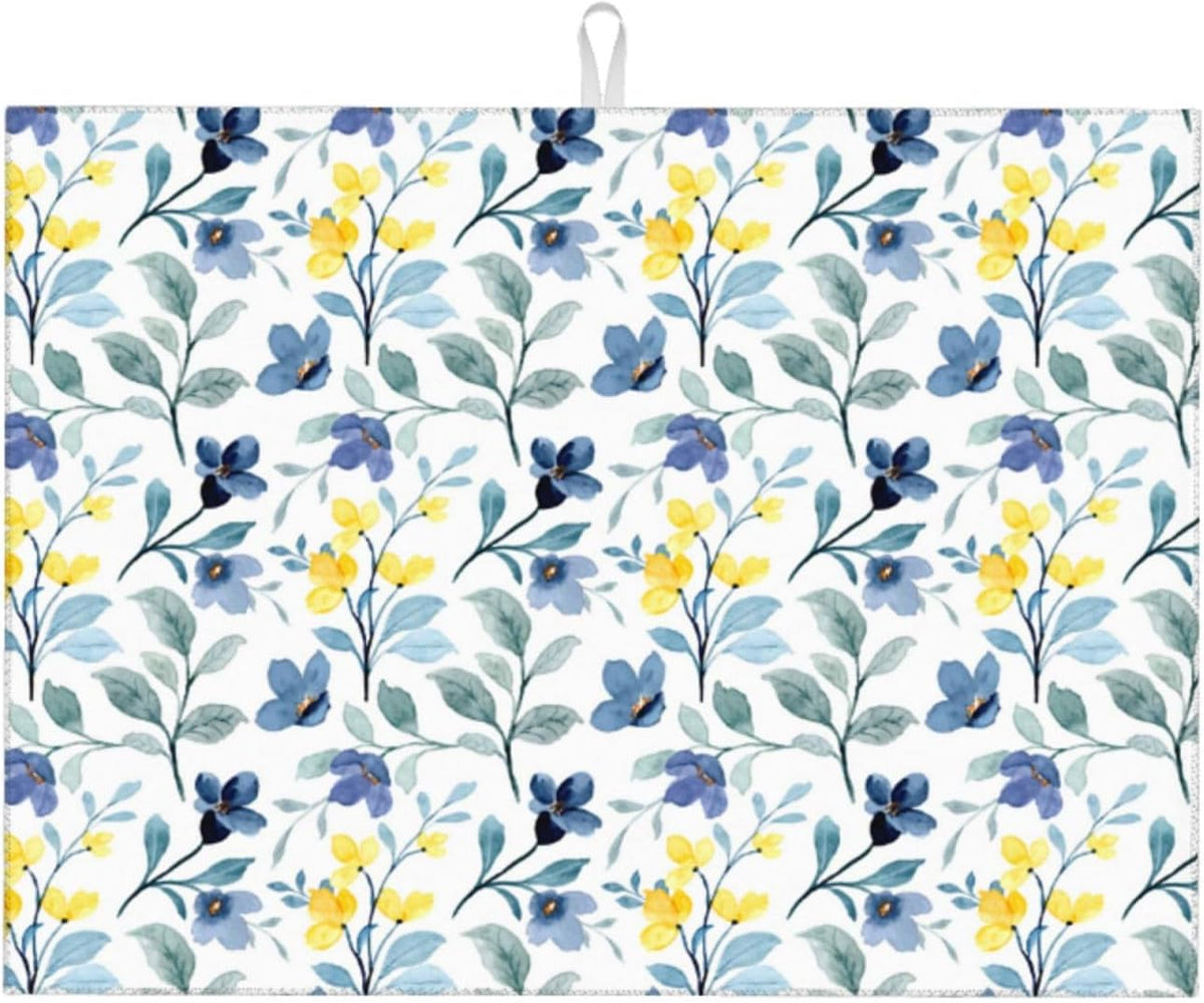 Floral Dish Drying Mat 18x24 for Kitchen Counter, Blue Yellow Flower Decorative Absorbent Coffee Mat Dish Drying Pad Coffee Bar Dish Drainer Rack Mat Drainer Mat