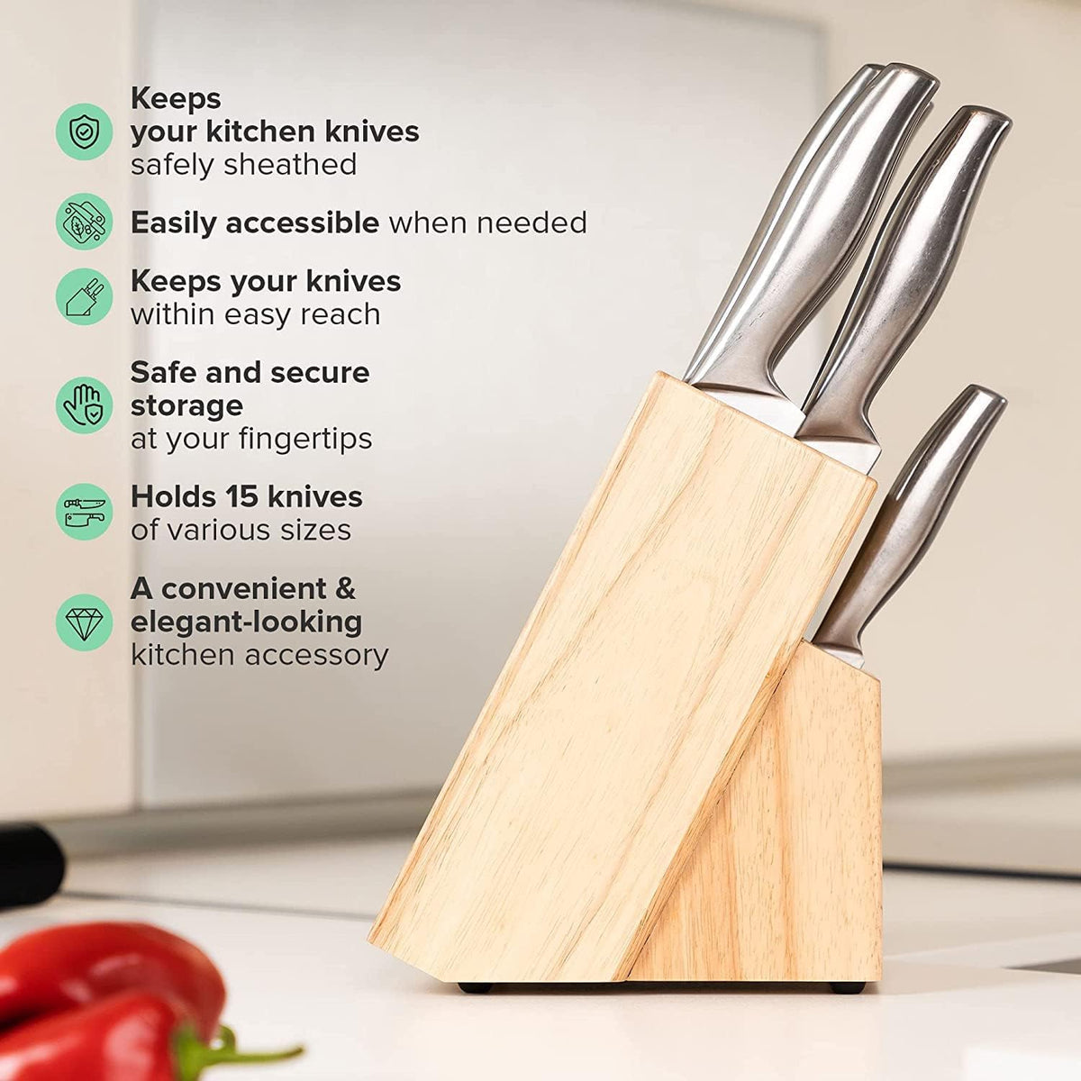 Coninx Rubber Wood Kitchen Knife Block - 15 Slots Knife Holder - Professional Quality Wood Knife Organizer - Secure Knife Stand To Keep Knives Neat & Sharp - Knife Blocks for Kitchen Knife Storage