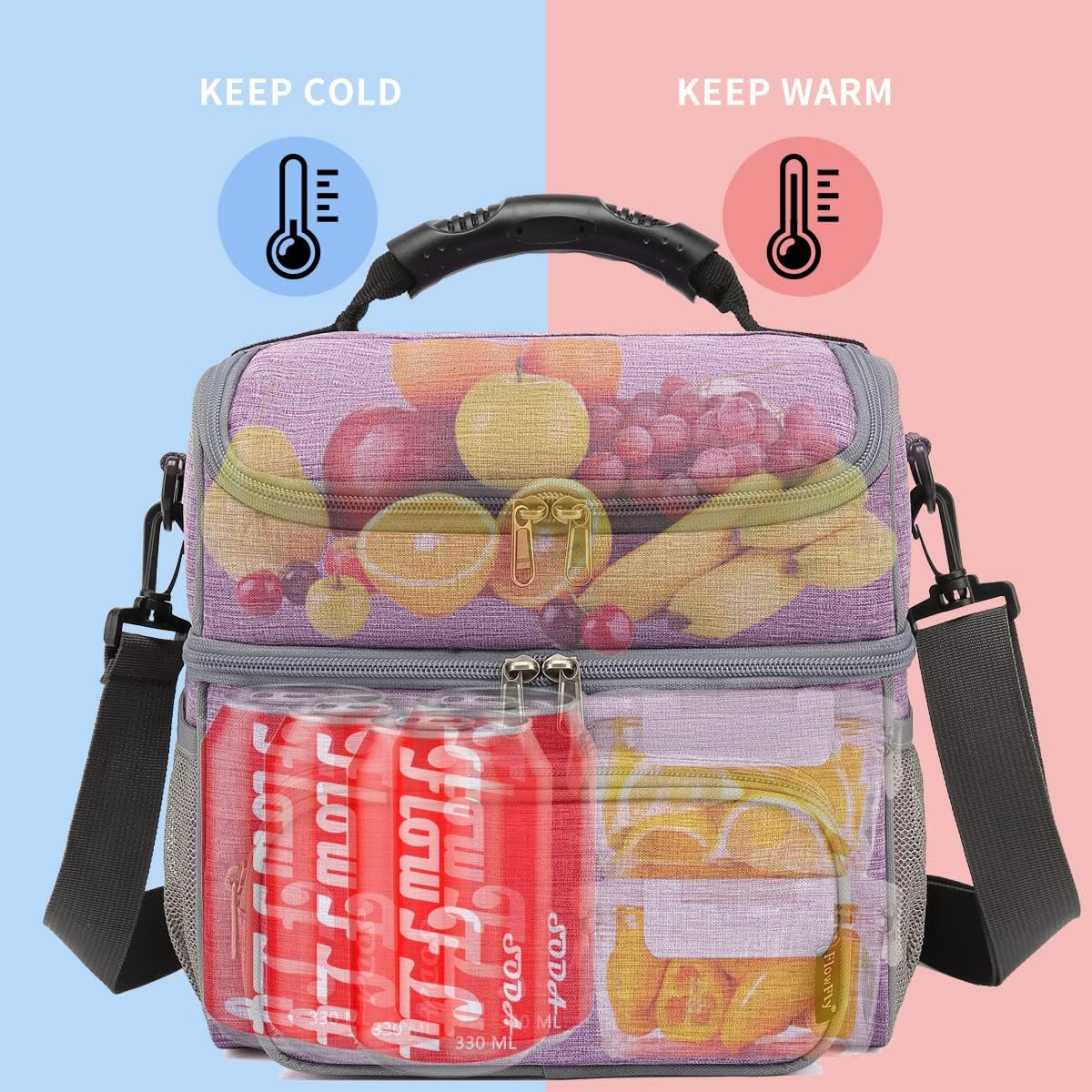 FlowFly Double Layer Cooler Insulated Lunch Bag Adult Lunch Box Large Tote Bag for Men, Women, With Adjustable Strap,Front Pocket and Dual Large Mesh Side Pockets