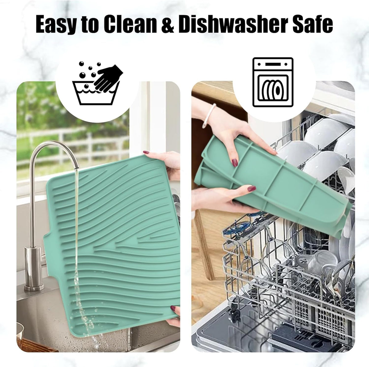 Silicone Dish Drying Mat for Kitchen Counter, Dish Drying Pad, Non-Slip Drain Pad with Built-in Drain, Heat Resistant Stone Drying Mat(15.8" x 13", Mint)