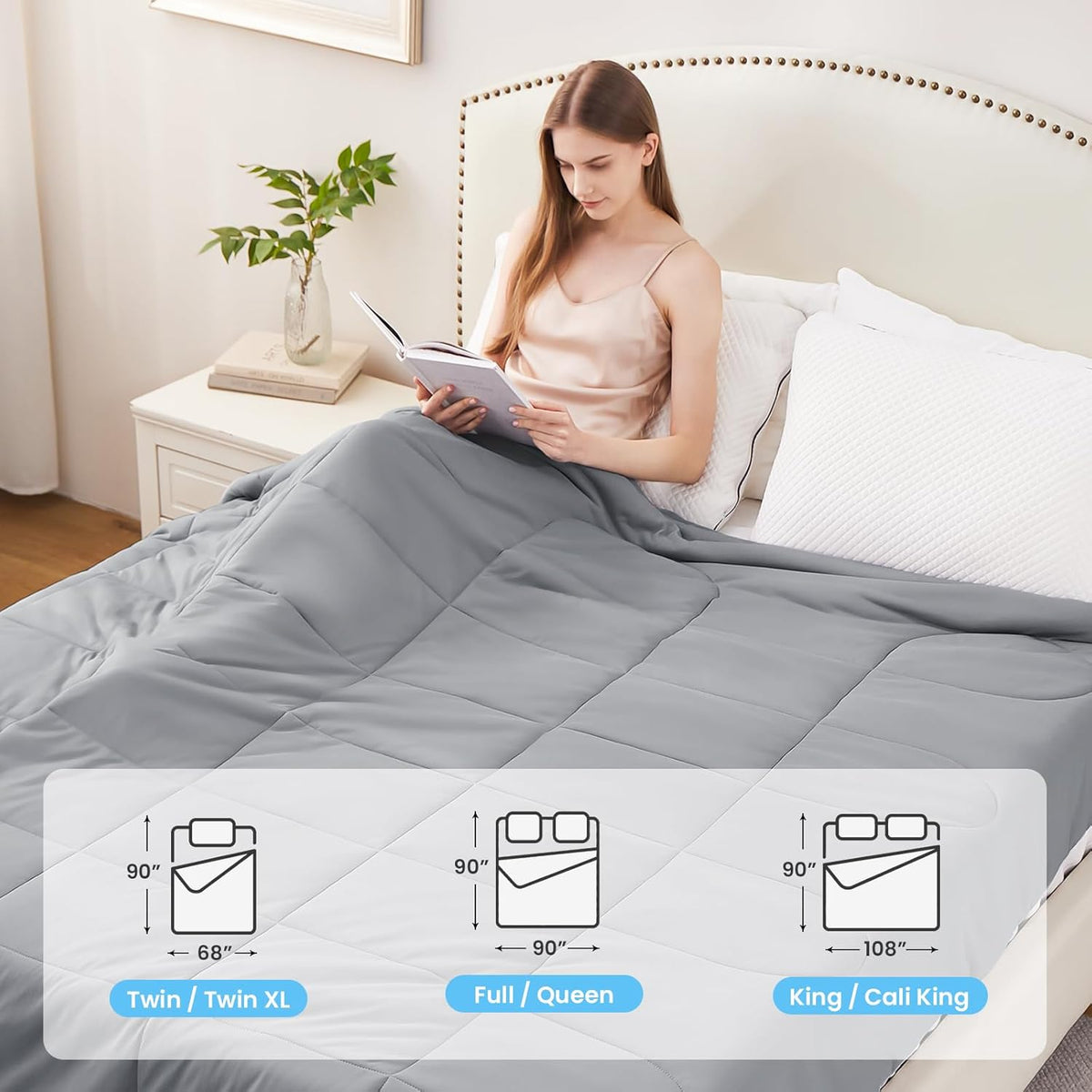 HYLEORY Cooling Comforter Twin Size - Summer Cooling Blanket for Hot Sleepers/Night Sweats, Double-Sided Cold Touch Silky Ice Comforters, Breathable Lightweight Beddings, Cool Gray, 68"x90"