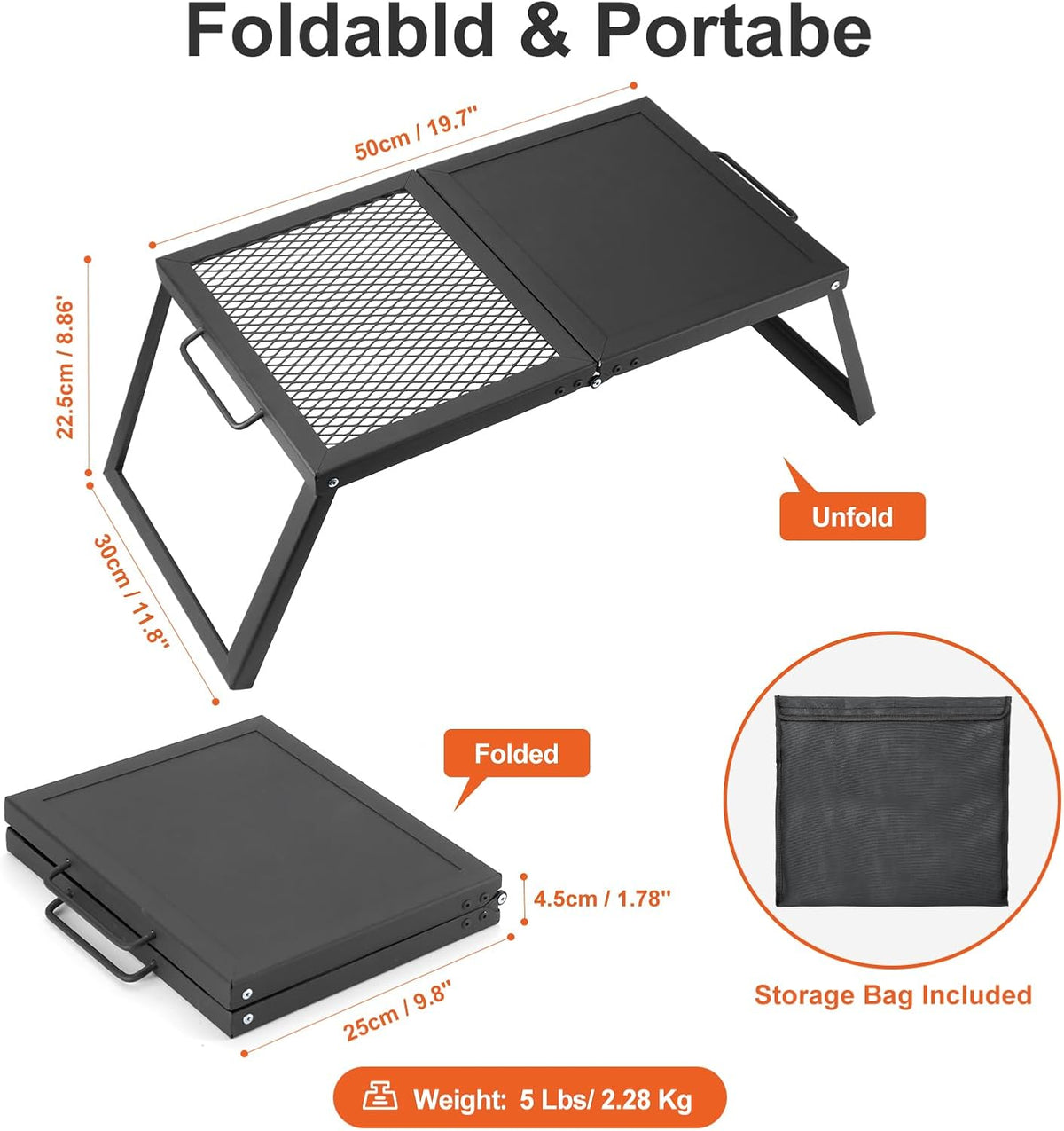 Odoland Folding Campfire Grill, Heavy Duty Steel Mesh Grate with Folding Legs and Storage Bag, Portable Camping Grates, Over Fire Pit Grill Rack for Outdoor Cooking and Bonfire